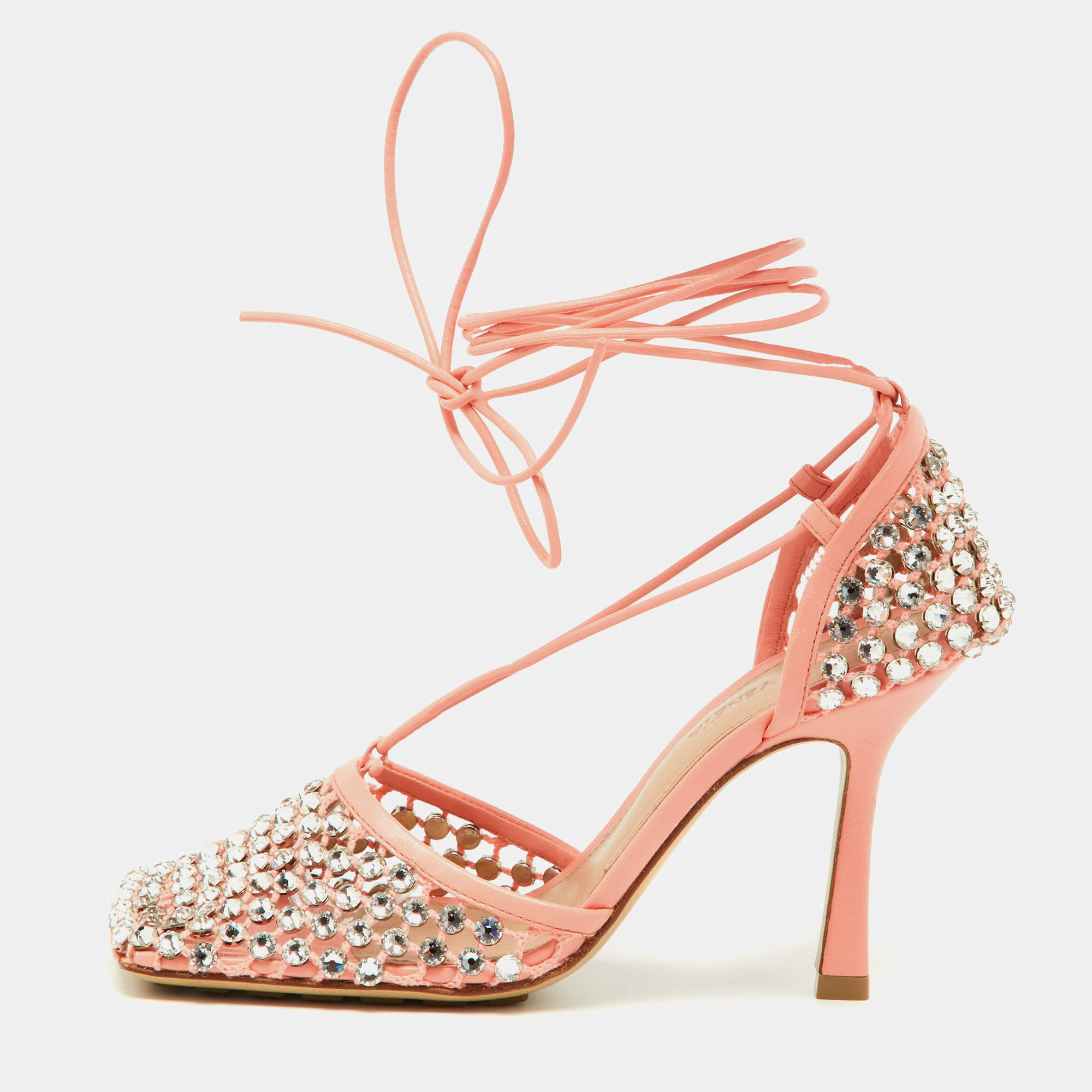 Pre Owned Bottega Veneta Peach Mesh and Leather Crystal Embellished Stretch Ankle Tie Pumps Size 36