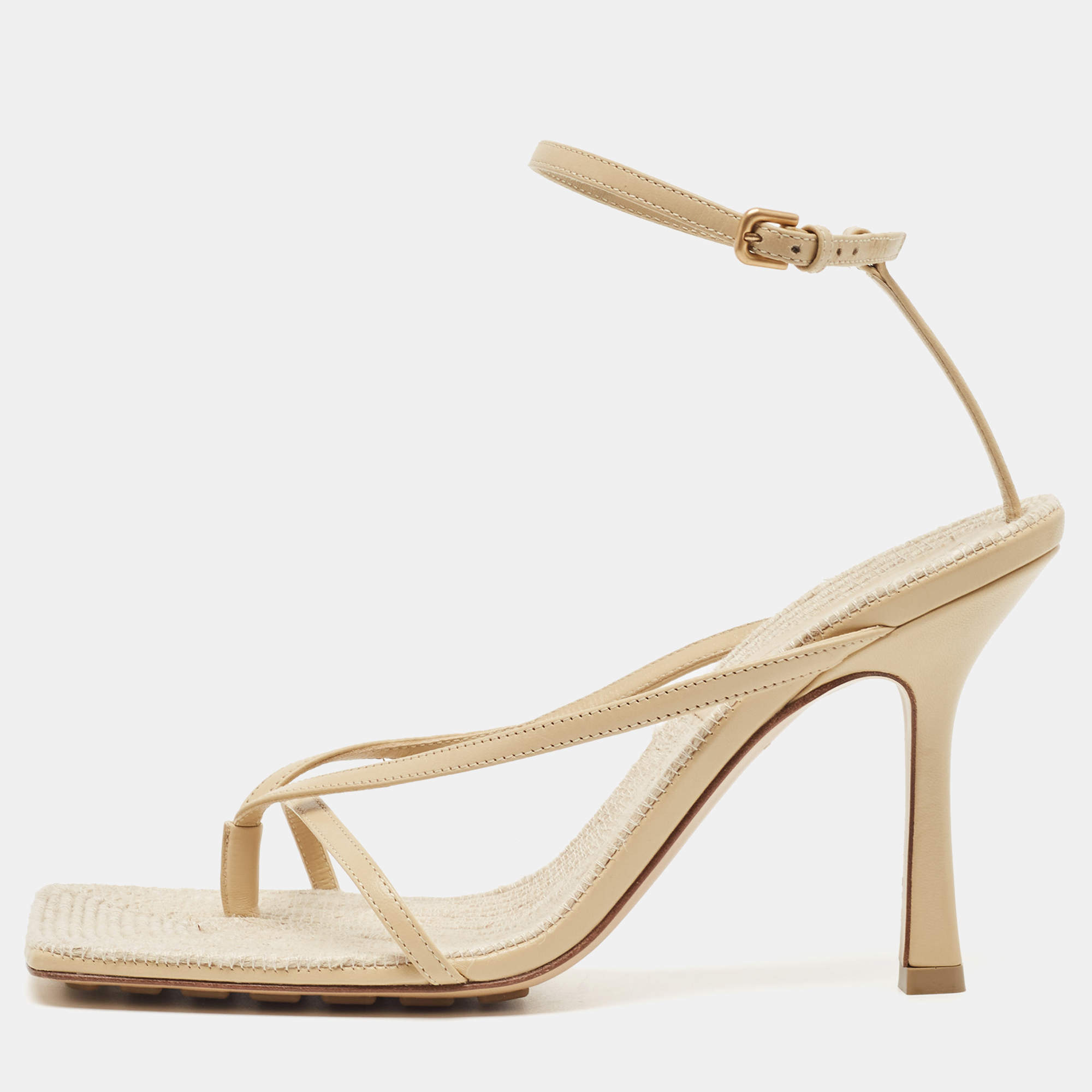 Pre Owned Bottega Veneta Cream Leather Stretch Ankle Strap Sandals Size 37.5