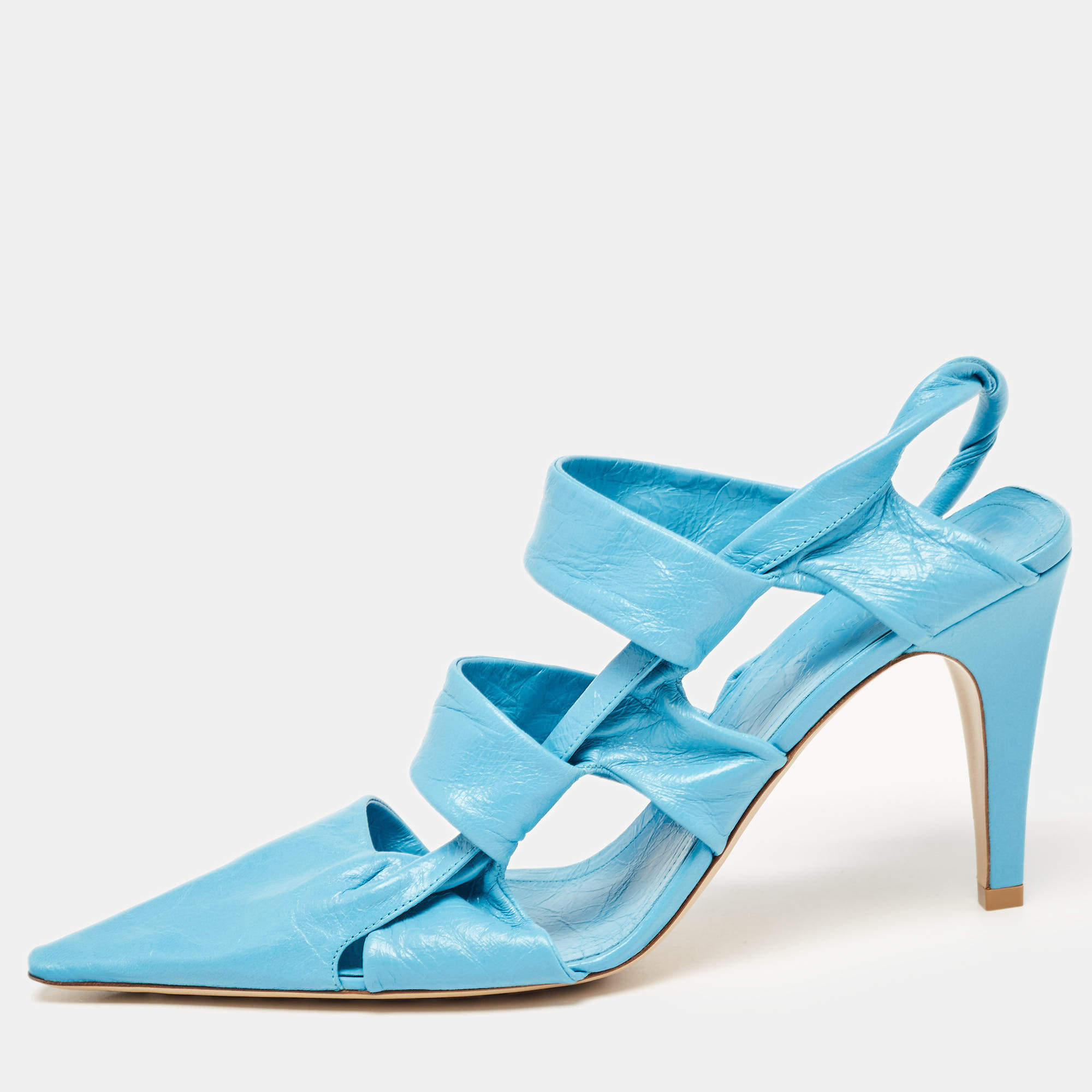 Bottega Veneta Blue Leather Strappy Pointed Toe Slingback Sandals Size 40