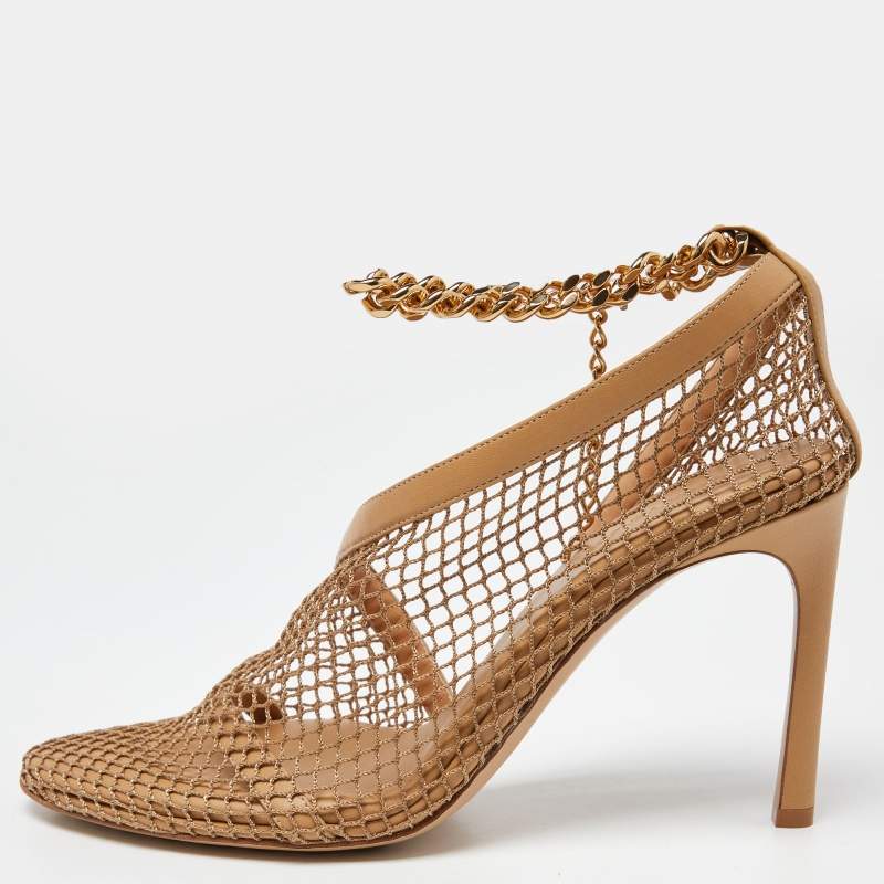 Pre Owned Bottega Veneta Beige Mesh and Leather Chunky Chain Ankle Strap Pumps Size 41