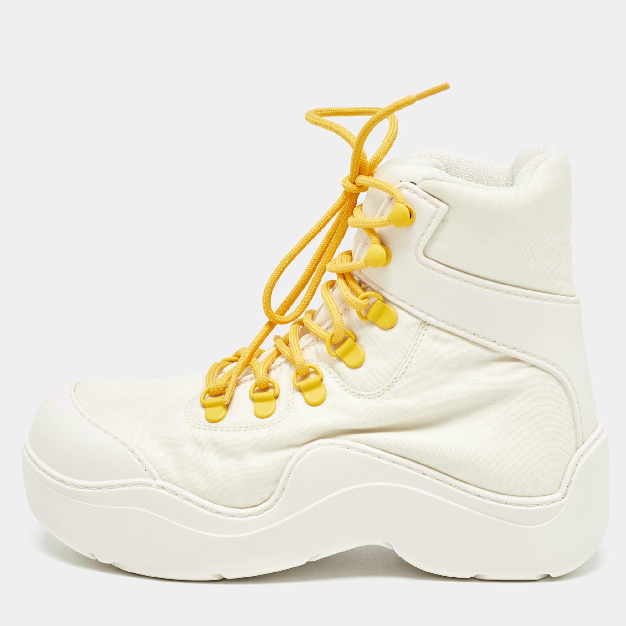 Pre Owned Bottega Veneta Cream Leather and Nylon High Top Sneakers Size 36