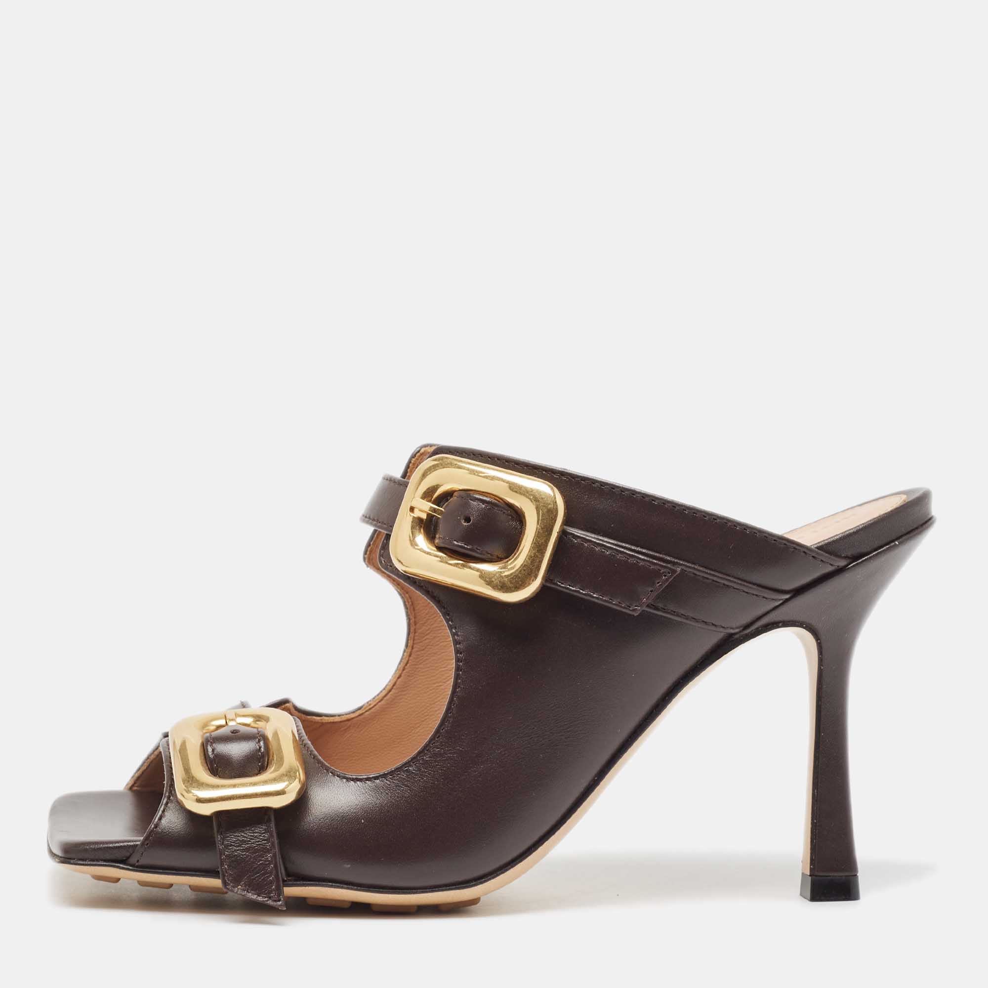 Pre Owned Bottega Veneta Brown Leather Stretch Buckle Slide Sandals Size 36