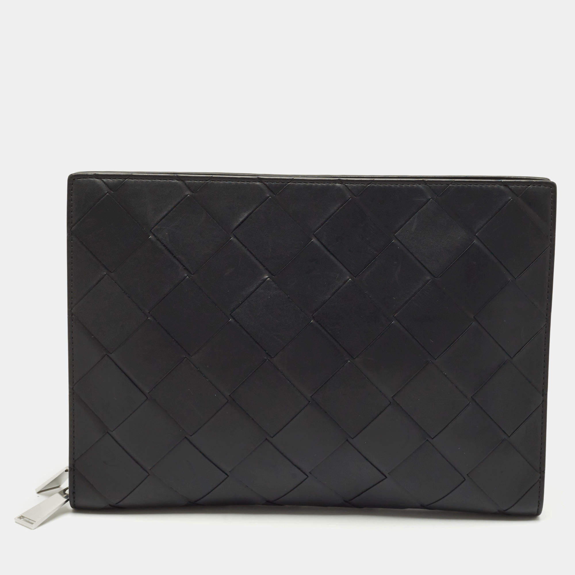 Bottega Veneta Black Intrecciato Leather Zip Document Case