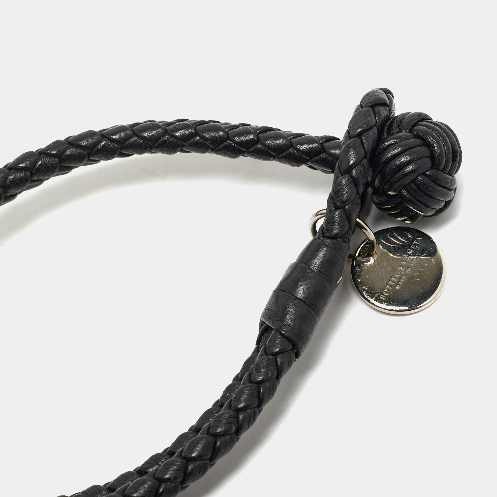 Bottega Veneta Intrecciato Leather Silver Tone Bracelet