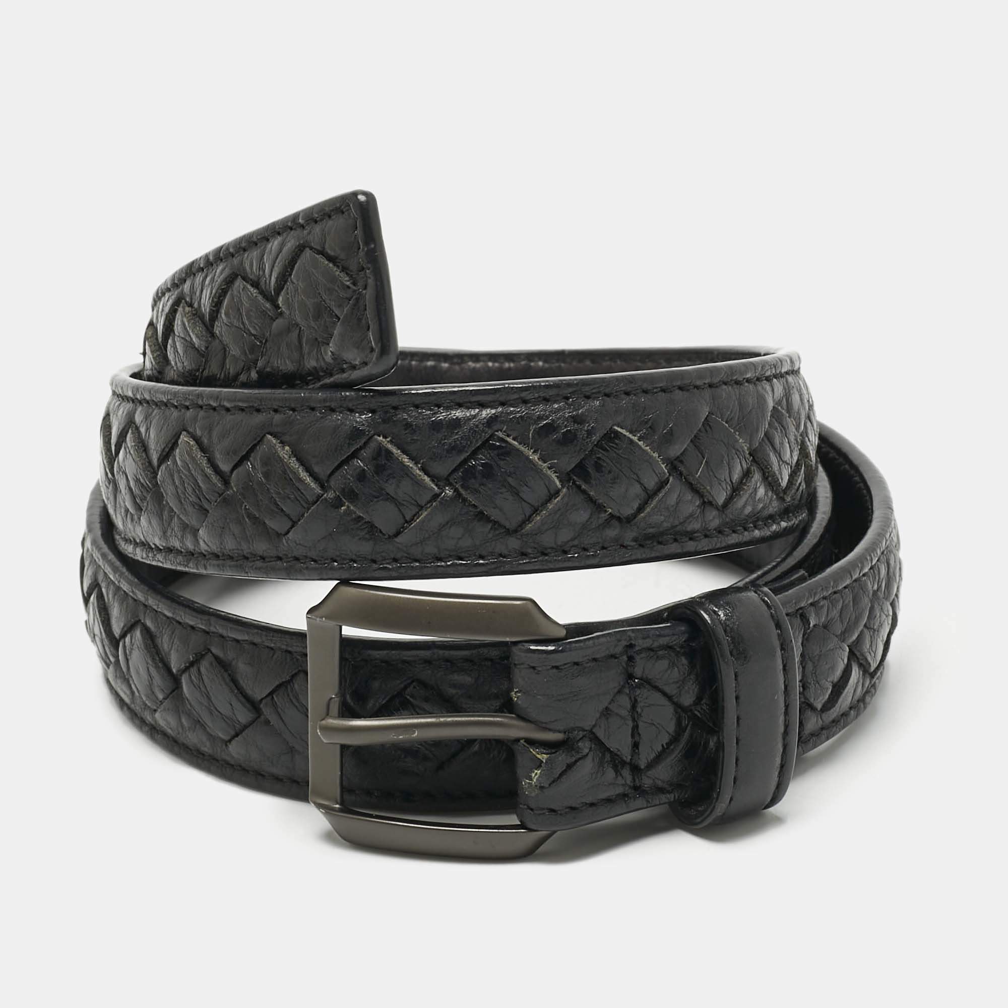 Pre Owned Bottega Veneta Black Intrecciato Leather Belt 95 CM