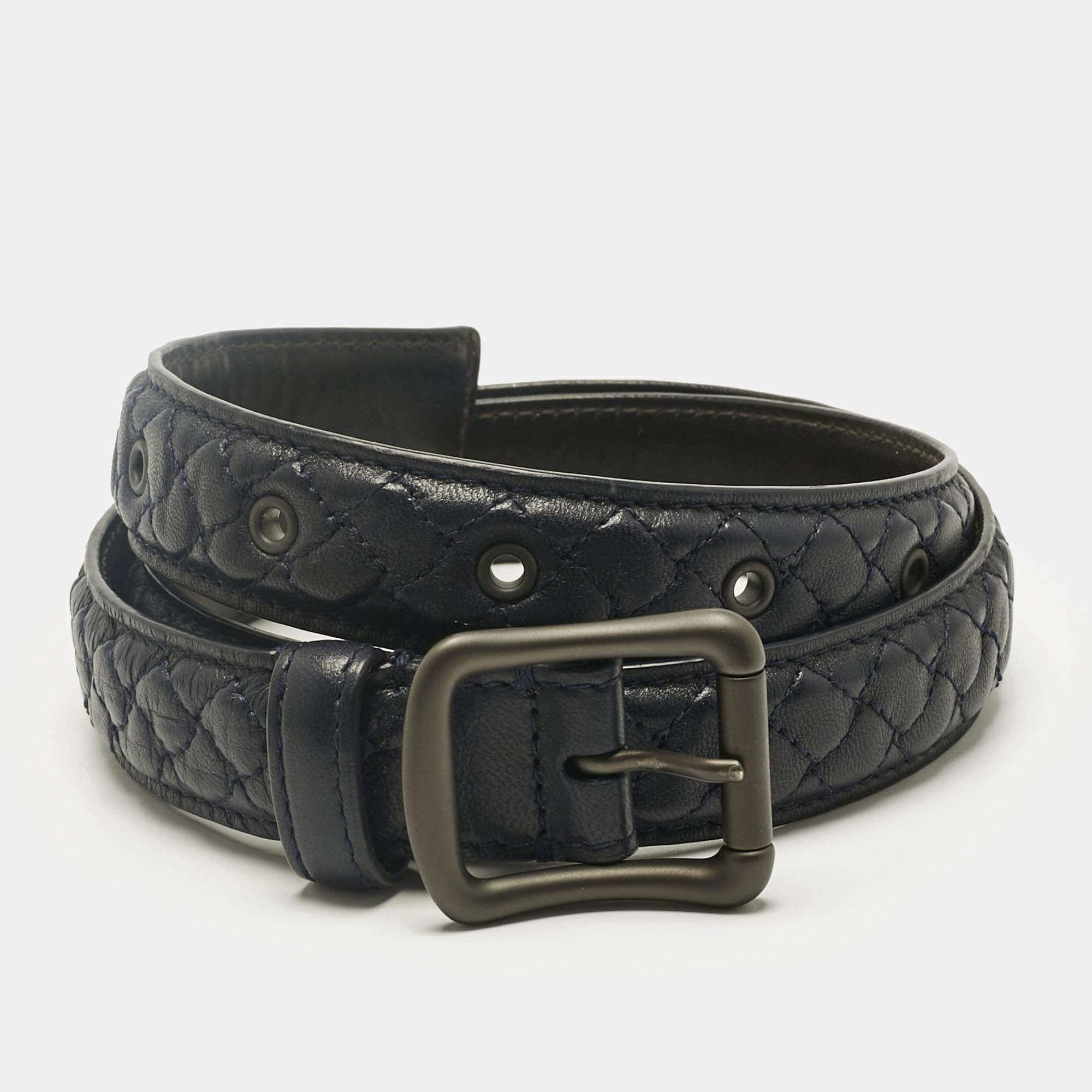 Pre Owned Bottega Veneta Navy Blue Intrecciato Leather Buckle Belt 75CM