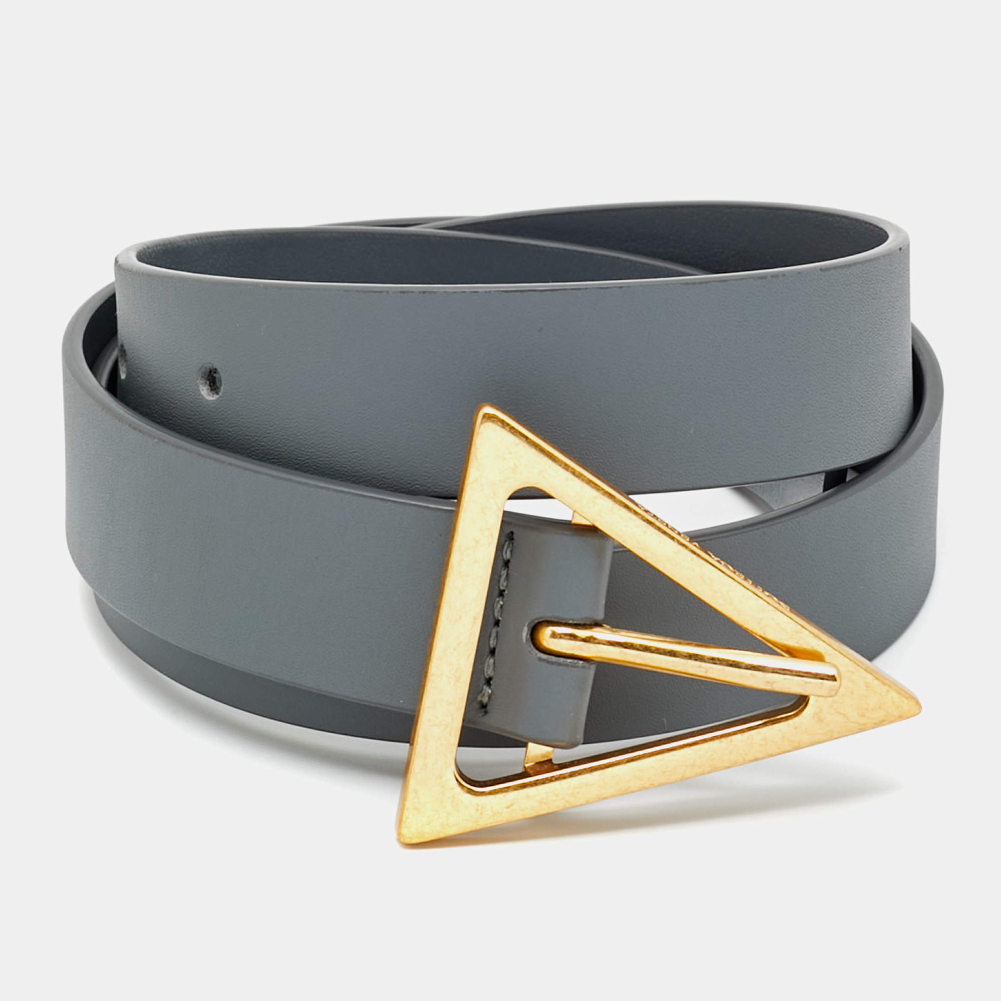 Pre Owned Bottega Veneta Triangle Buckle 75 CM Belt Grey Leather 