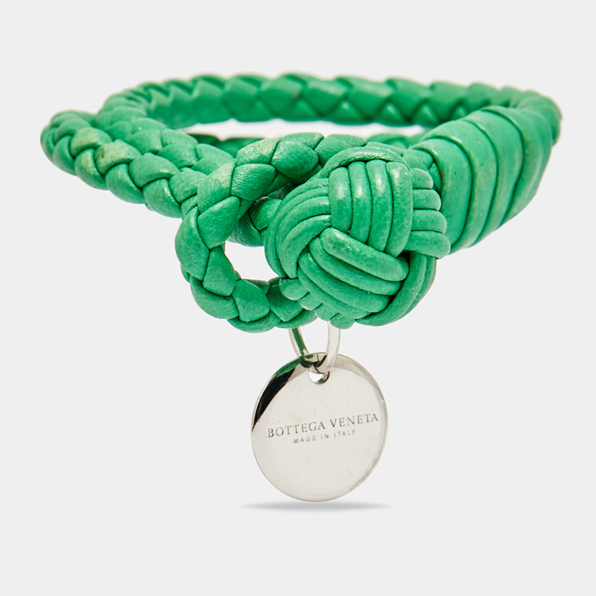 Pre Owned Bottega Veneta Intrecciato Green Double Knot Leather SIlver Tone Bracelet