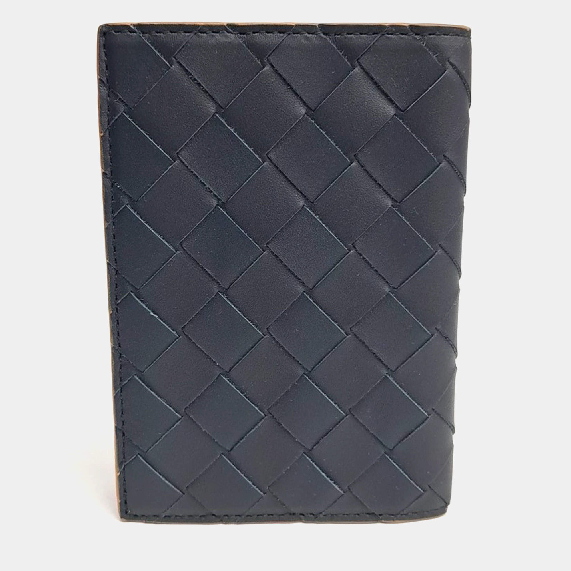 Pre Owned Bottega Veneta Navy Blue Leather Mesh Passport Wallet