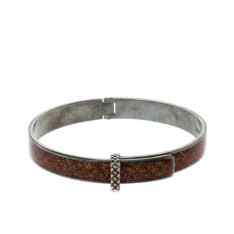 Pre Owned Bottega Veneta Intrecciato Brown Glitter Oxidized Silver Narrow Bracelet M