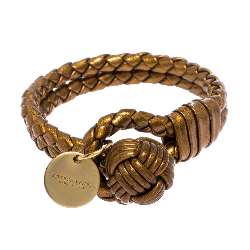Bottega Veneta Bronze Gold Laminated Effect Leather Double Strand Intrecciato Bracelet