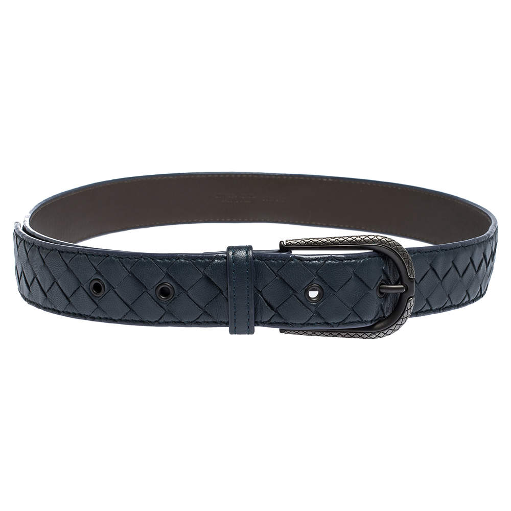 Bottega Veneta Blue Intrecciato Leather Buckle Belt 85CM