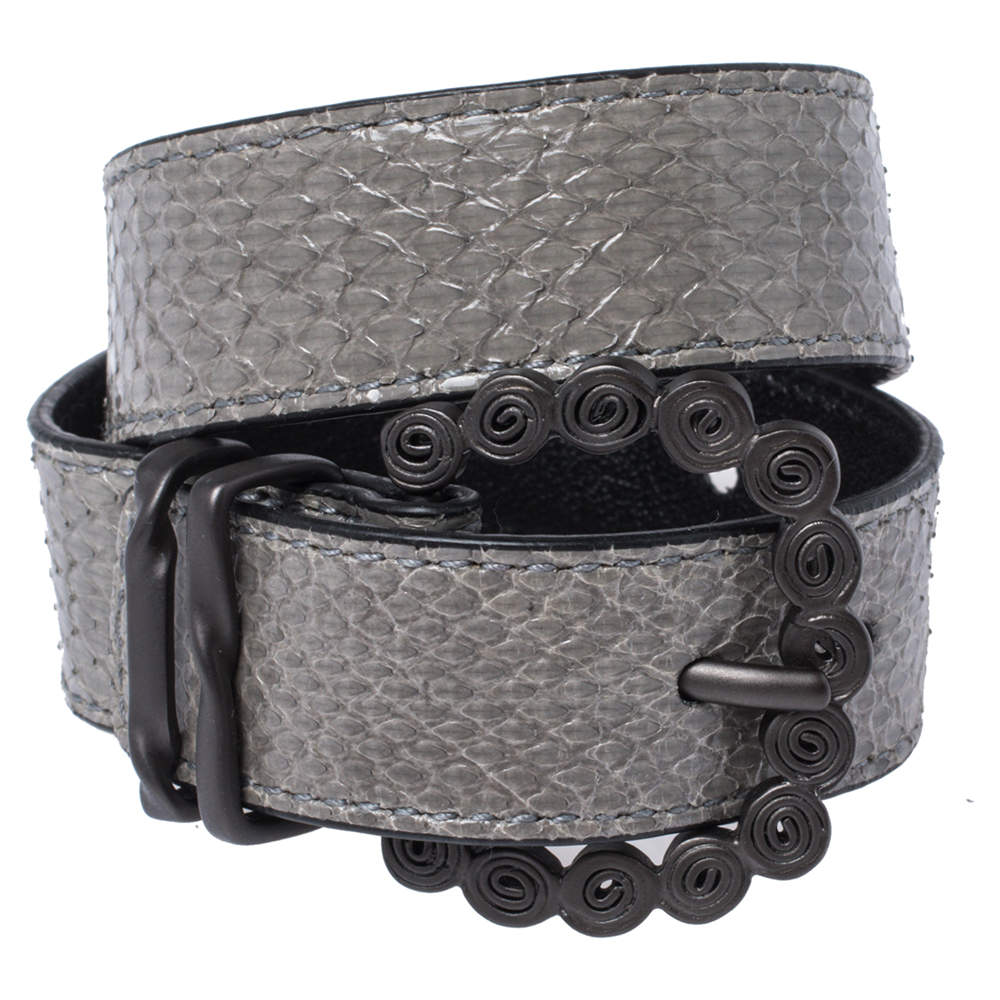 Bottega Veneta Grey Snakeskin Double Wrap Bracelet S
