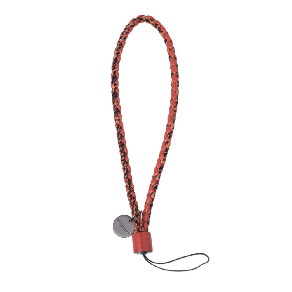 Bottega Veneta Orange Intrecciato Leather Cell Phone Strap