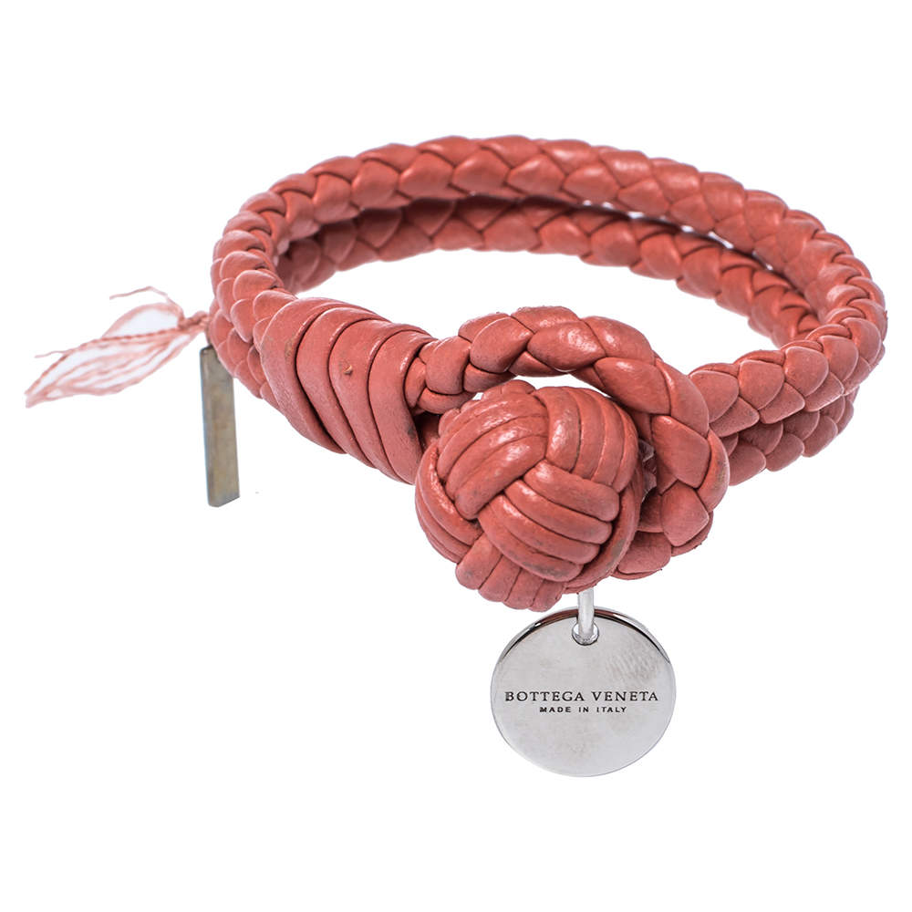 Pre Owned Bottega Veneta Salmon Pink Intrecciato Leather Double Strand Bracelet S