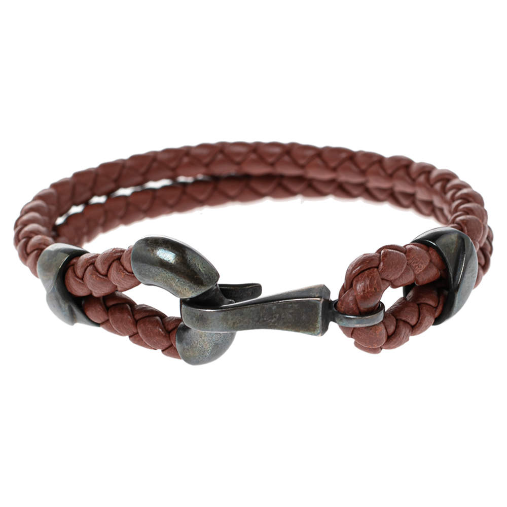 Pre Owned Bottega Veneta Brown Intrecciato Leather Sterling Silver Hook Bracelet S