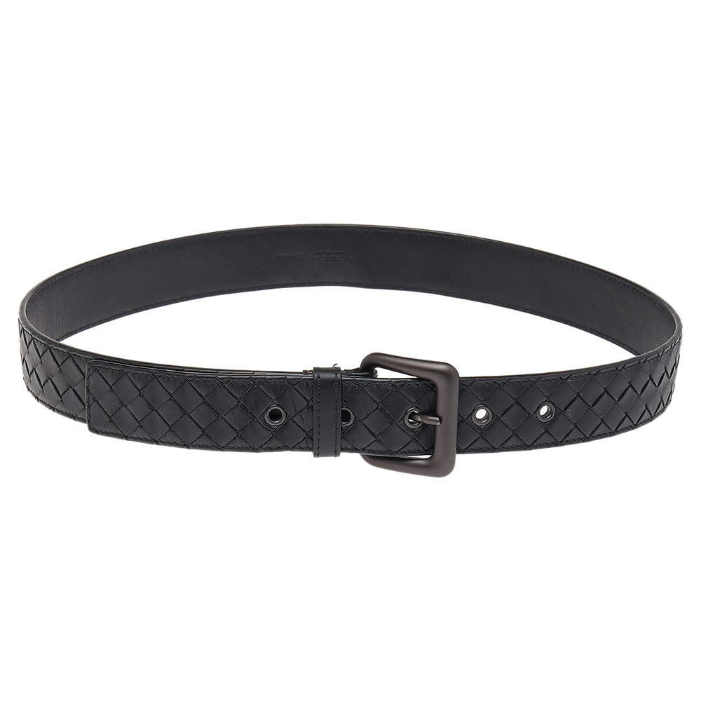Pre Owned Bottega Veneta Black Intrecciato Leather Belt 85Cm