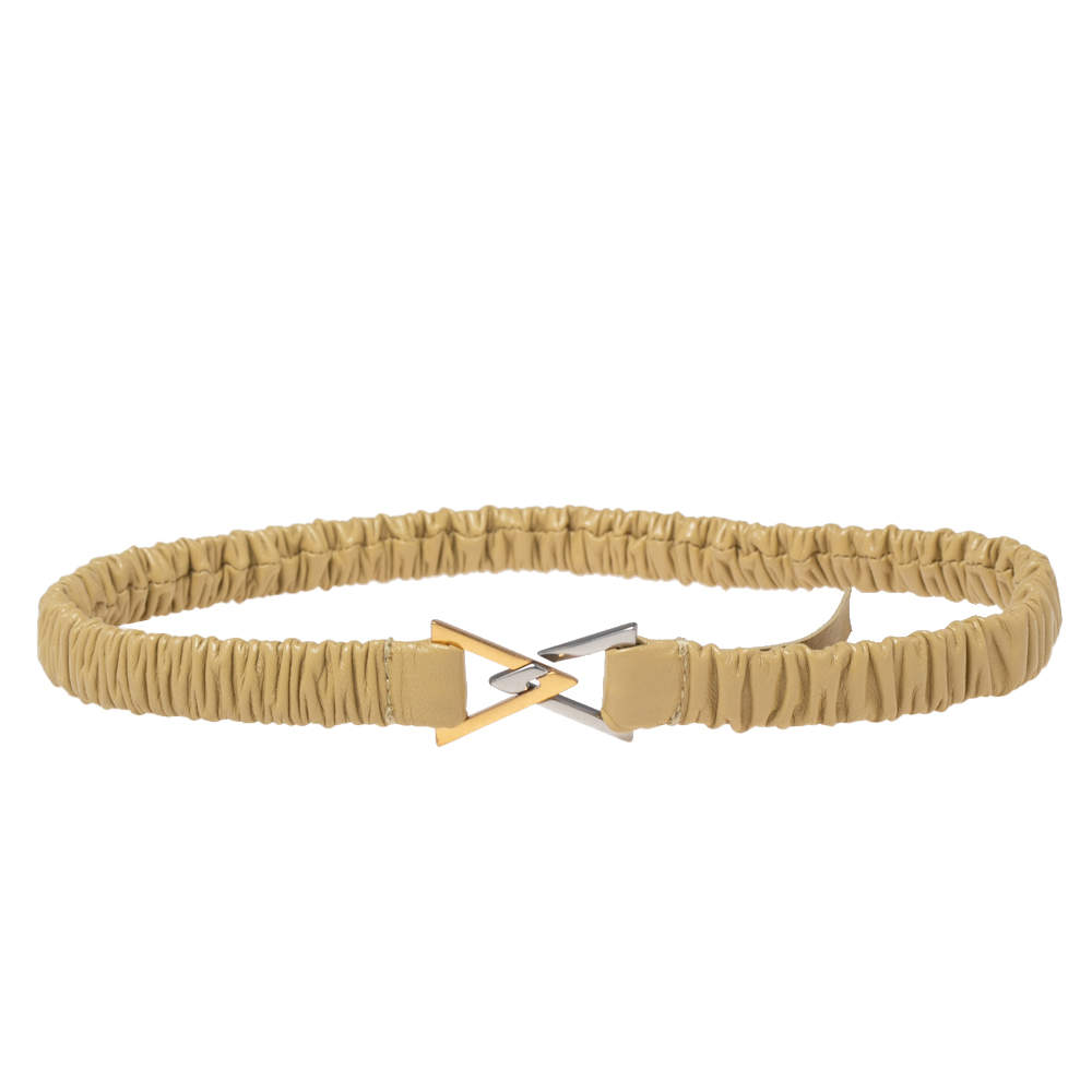 Pre Owned Bottega Veneta Cream Gathered Elastic Leather Triangular Buckle Belt S  