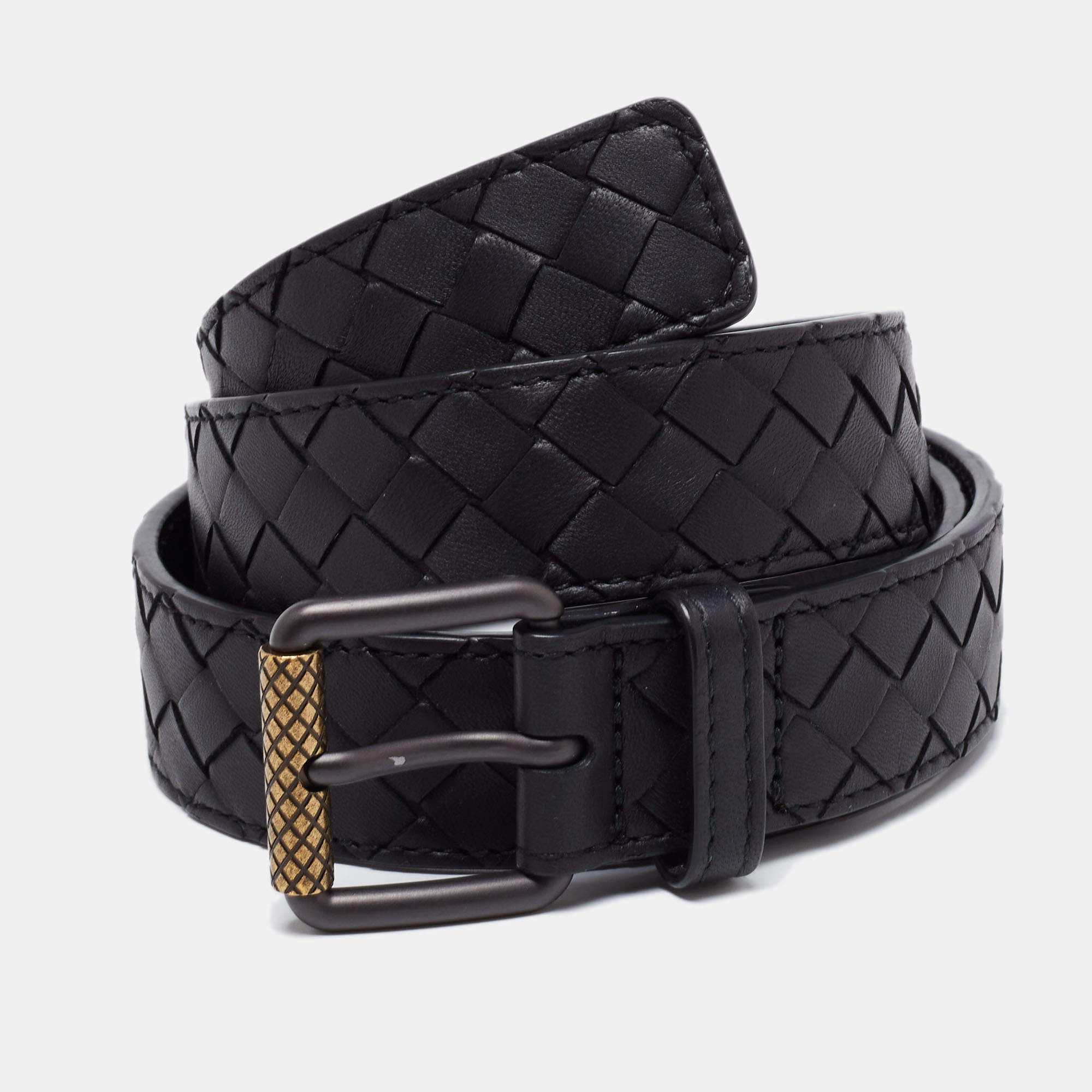 Pre Owned Bottega Veneta Black Intrecciato Leather Belt 85CM