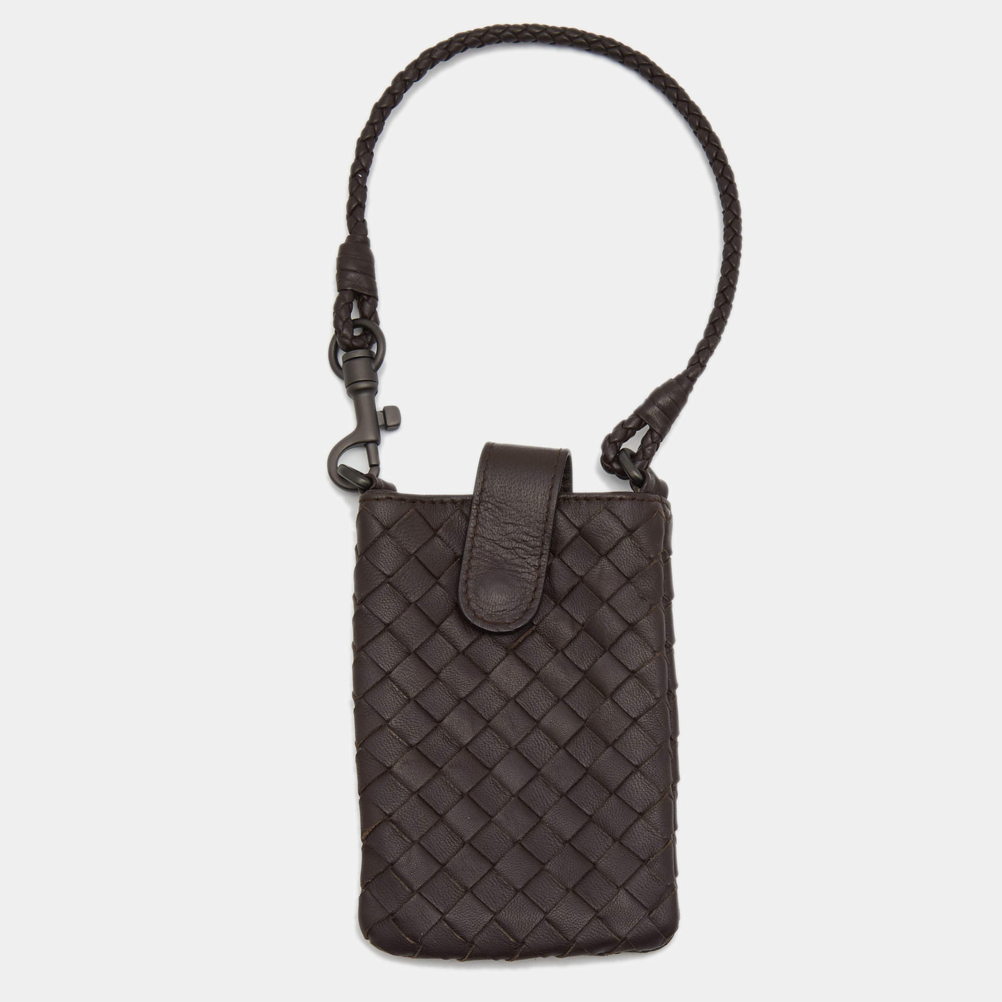 Pre Owned Bottega Veneta Dark Brown Intrecciato Leather Phone Holder