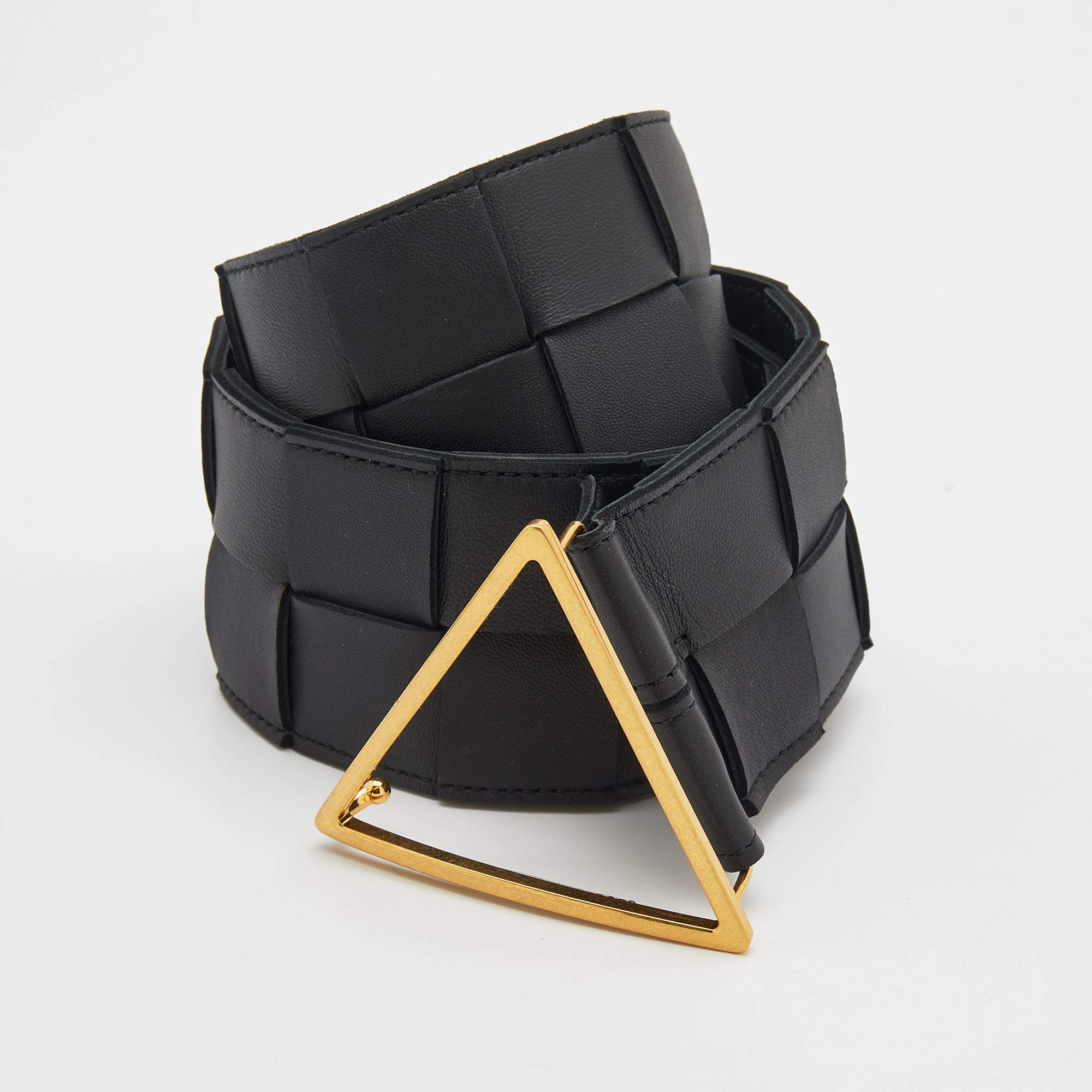 Pre Owned Bottega Veneta Black Intrecciato Leather Wide Waist Belt 75CM
