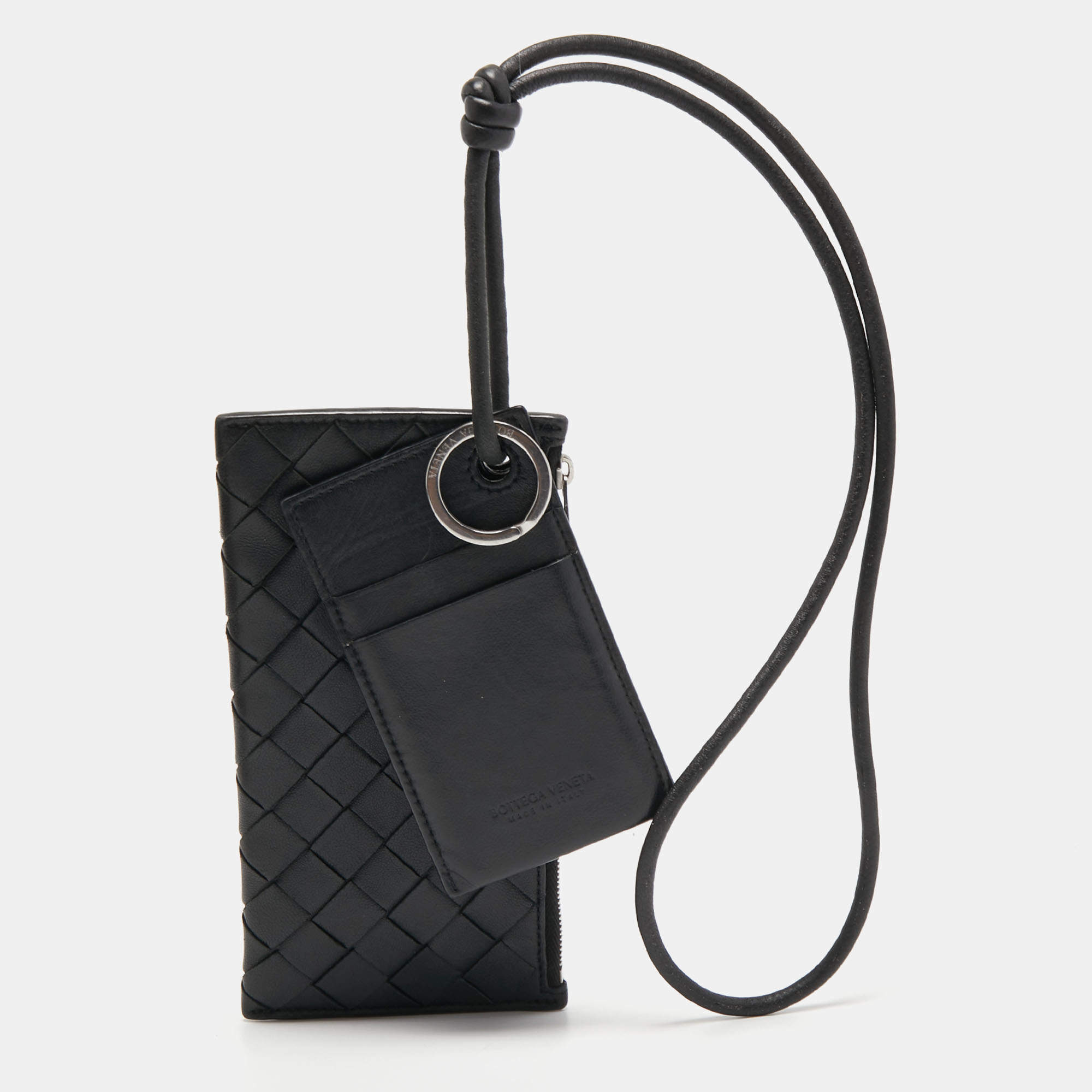 Bottega Veneta Black Intrecciato Leather Card Case Landyard