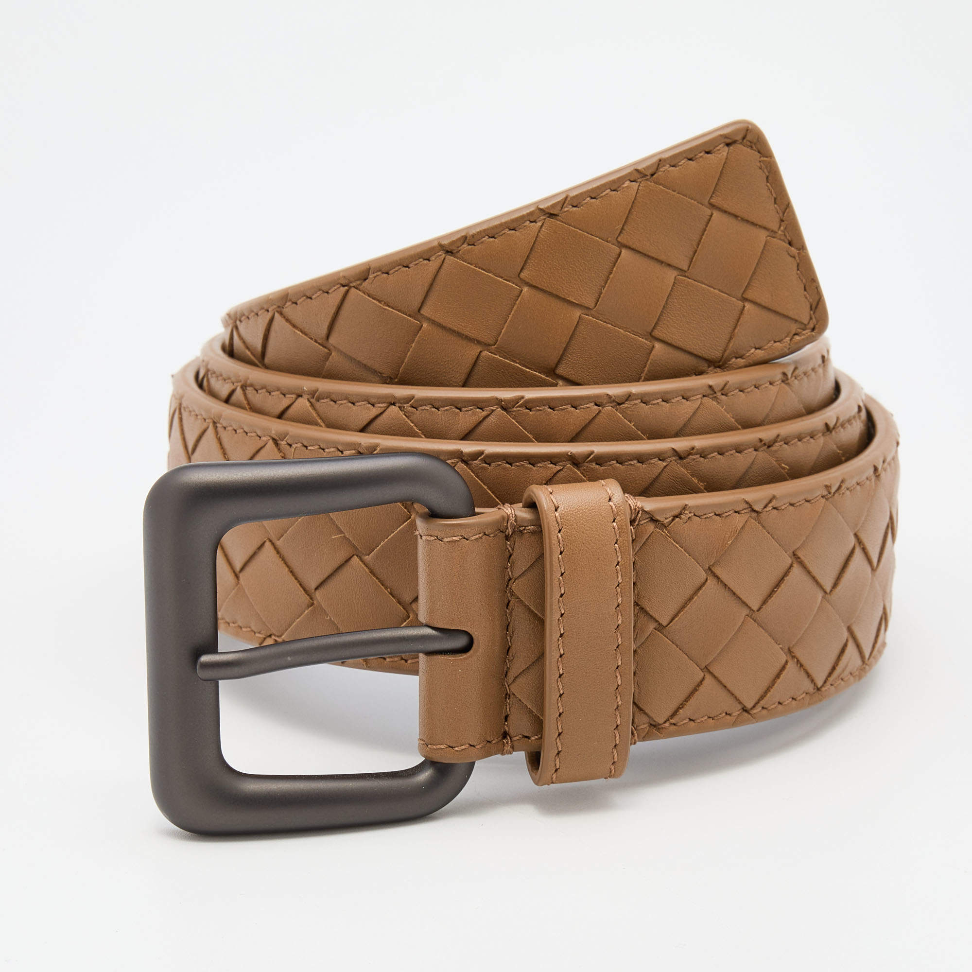 Pre Owned Bottega Veneta Brown Intrecciato Leather Buckle Belt 85CM