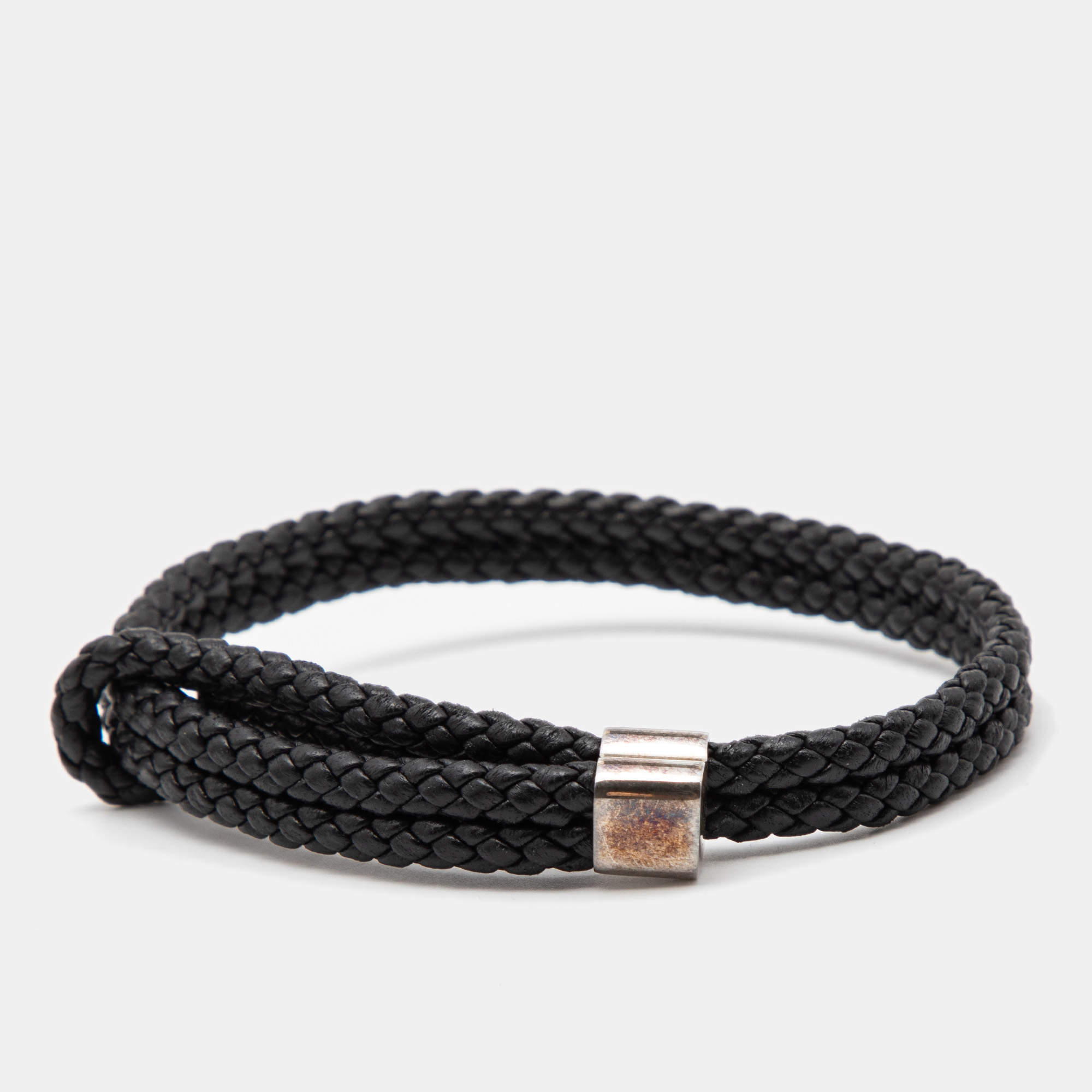 Bottega Veneta Double Strand Woven Leather Sterling Silver Bracelet 