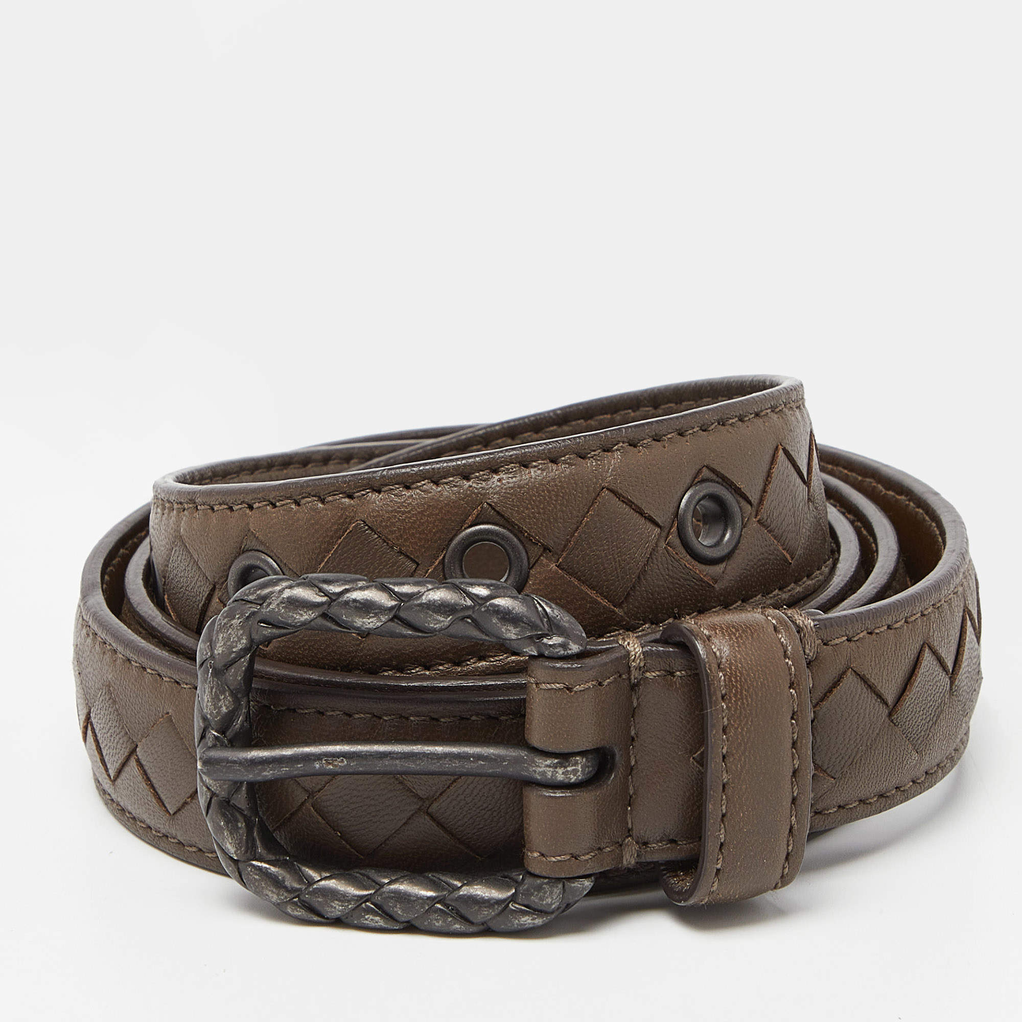 Pre Owned Bottega Veneta Brown Intrecciato Leather Slim Buckle Belt 85CM