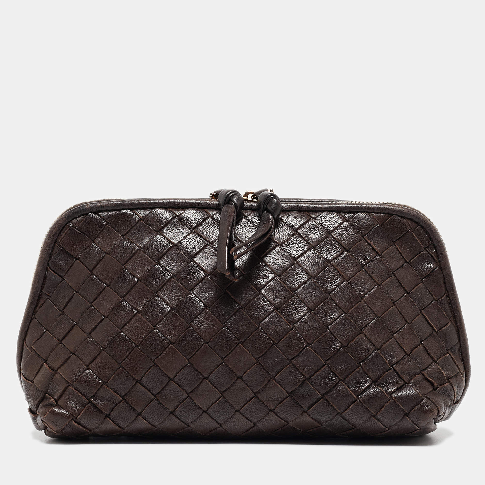 Pre Owned Bottega Veneta Dark Brown Intrecciato Leather Beauty Pouch