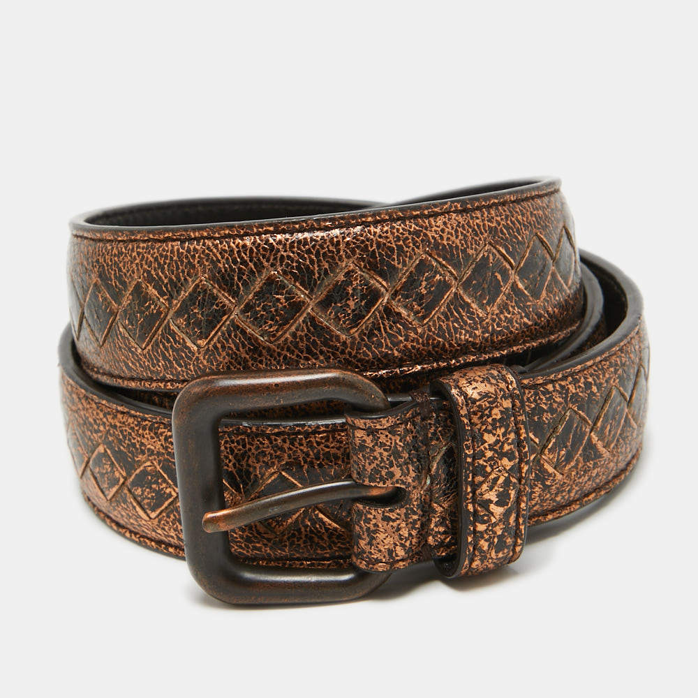 Pre Owned Bottega Veneta Bronze Intrecciato Leather Slim Buckle Belt 90CM