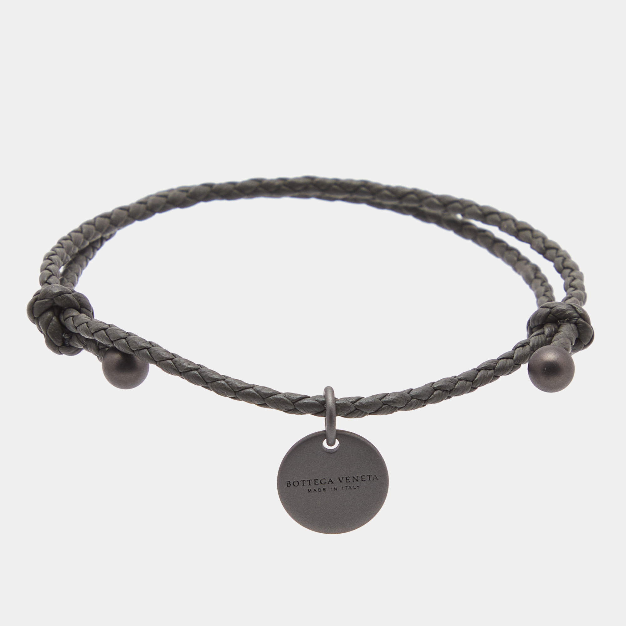 Bottega Veneta Intrecciato Leather Gunmetal Tone Adjustable Bracelet