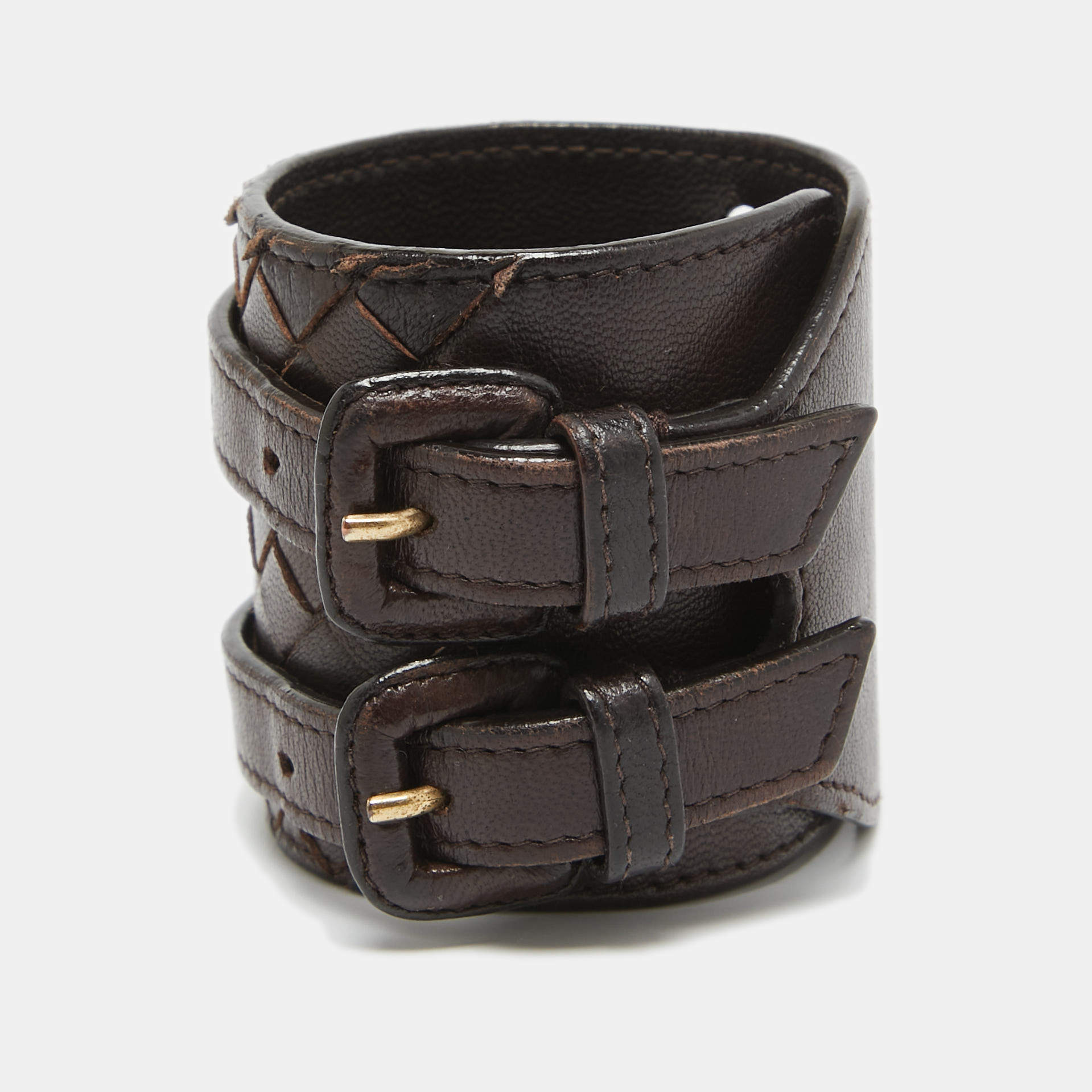 Pre Owned Bottega Veneta Dark Brown Intrecciato Leather Double Buckle Wrap Bracelet