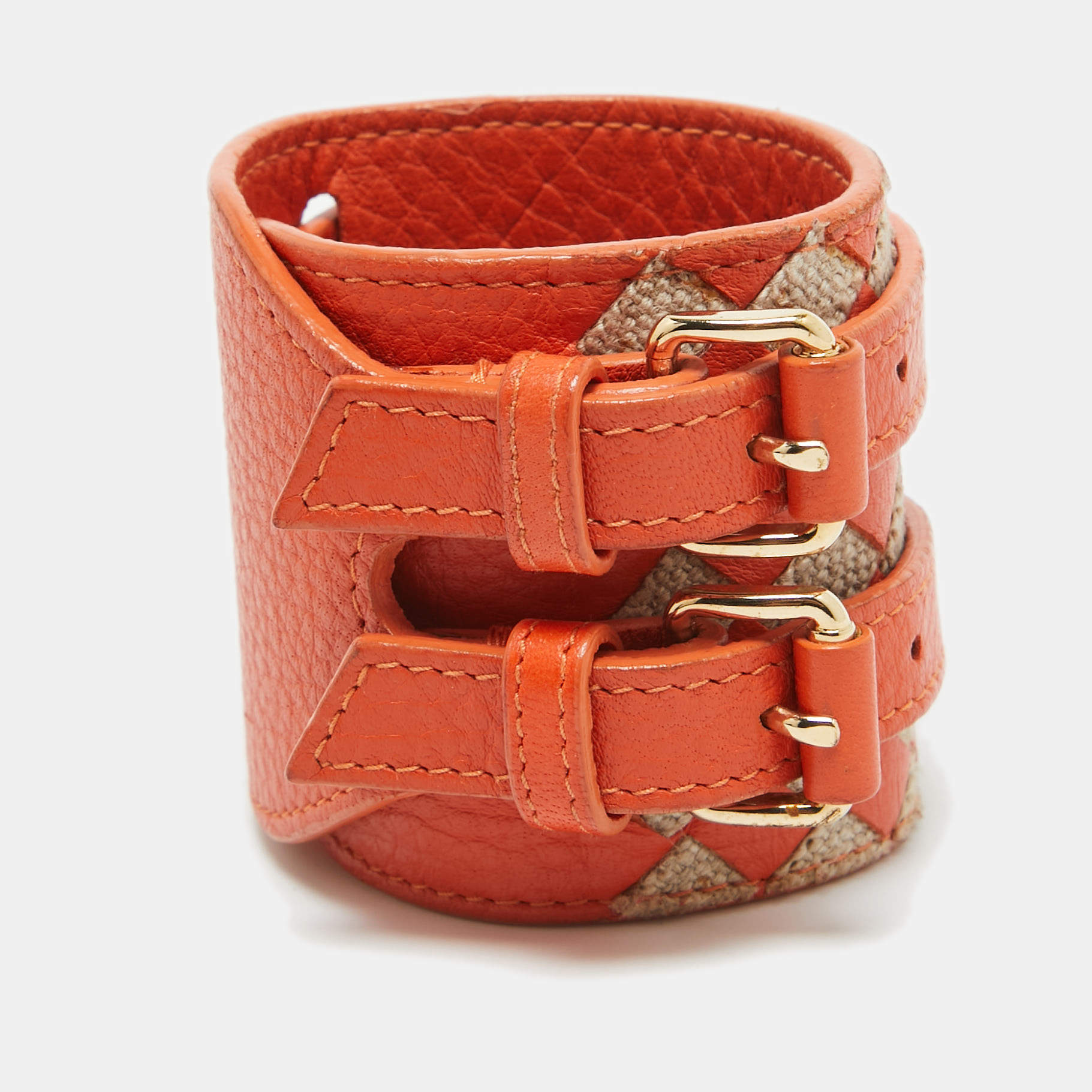 Bottega Veneta Orange/Beige Intrecciato Leather and Jute Double Buckle Wrap Bracelet