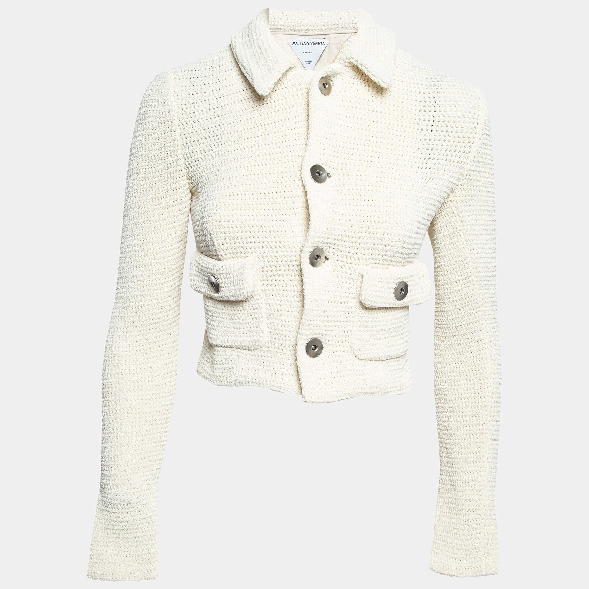 Bottega Veneta Off White Textured Knit Crop Jacket XS