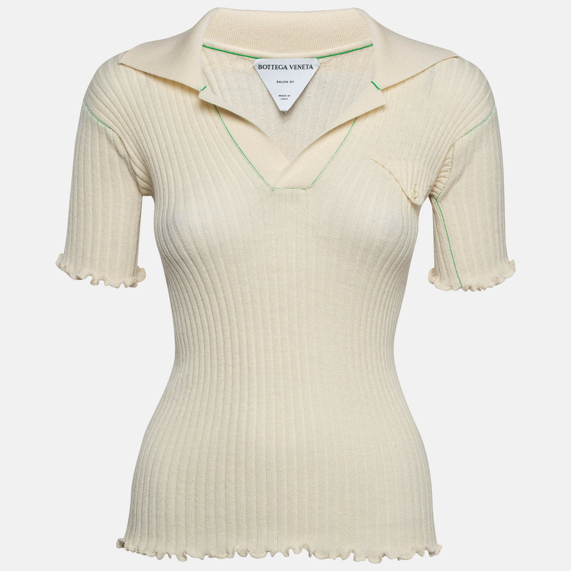 Bottega Veneta Cream Knit Tight Fit Polo T-Shirt XS