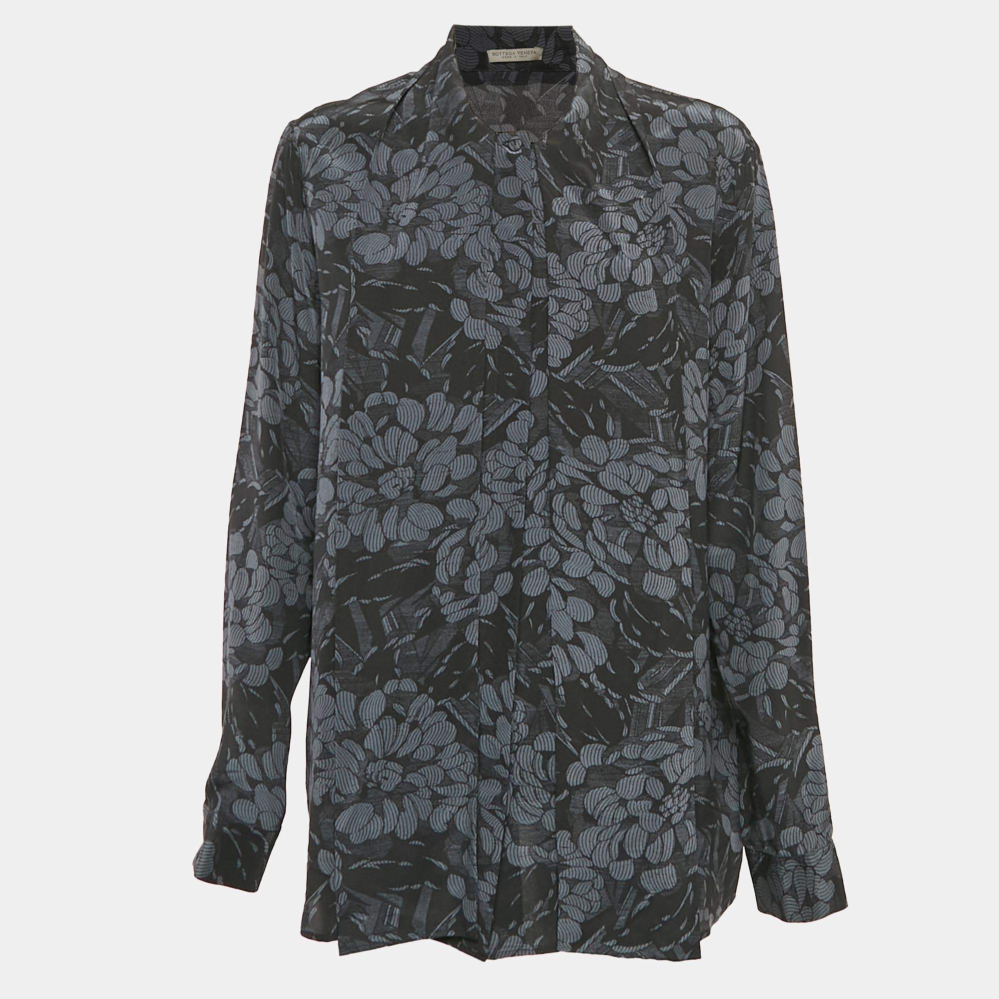 Bottega Veneta Blue/Black Printed Silk Tie-Up Collar Shirt M