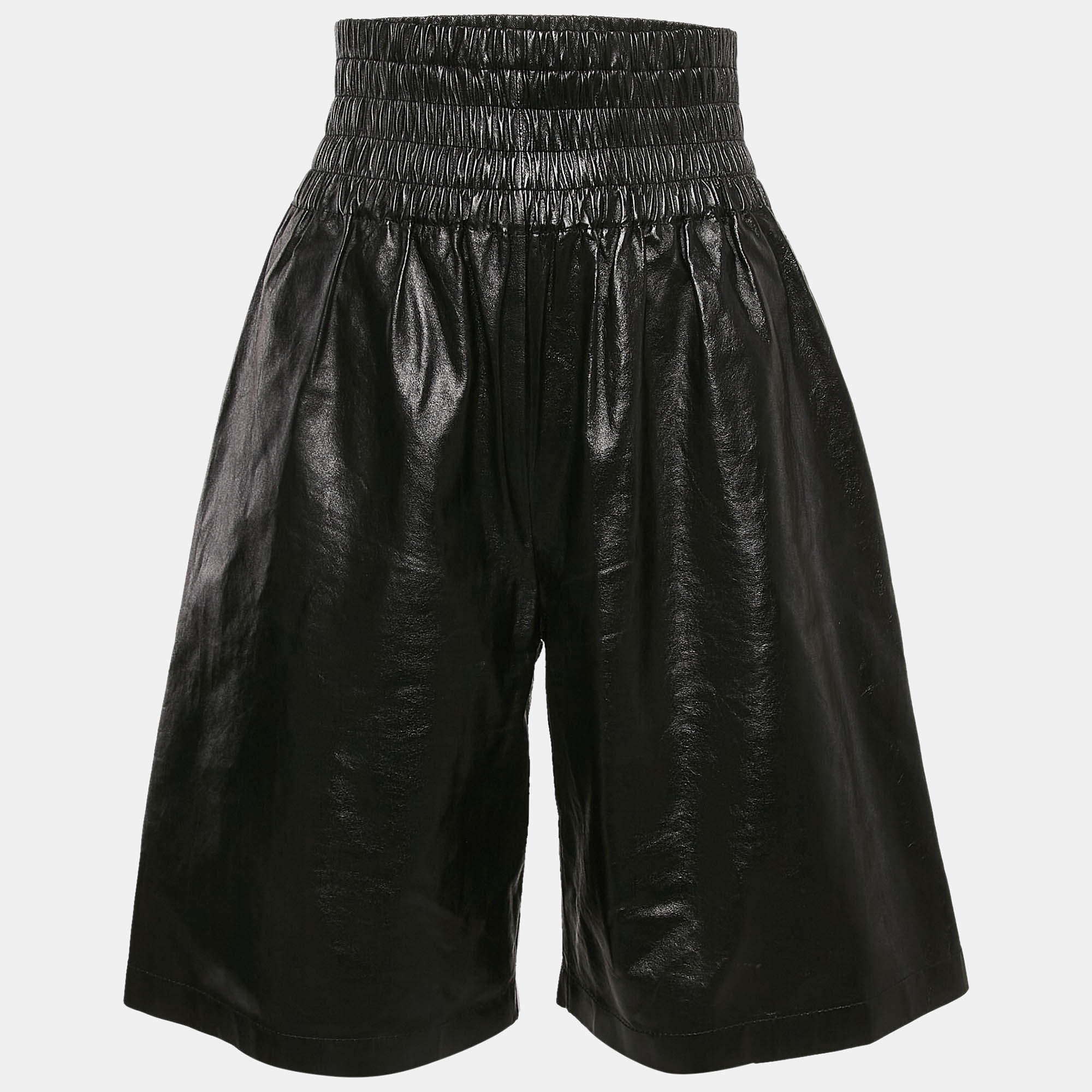 Bottega Veneta Black Leather High Waist Shorts XS