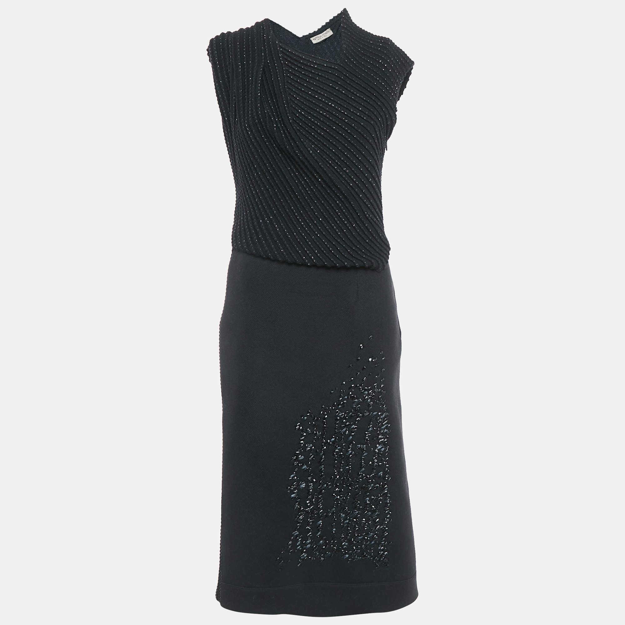 Bottega Veneta Black Wool & Patterned Knit Sleeveless Midi Dress M