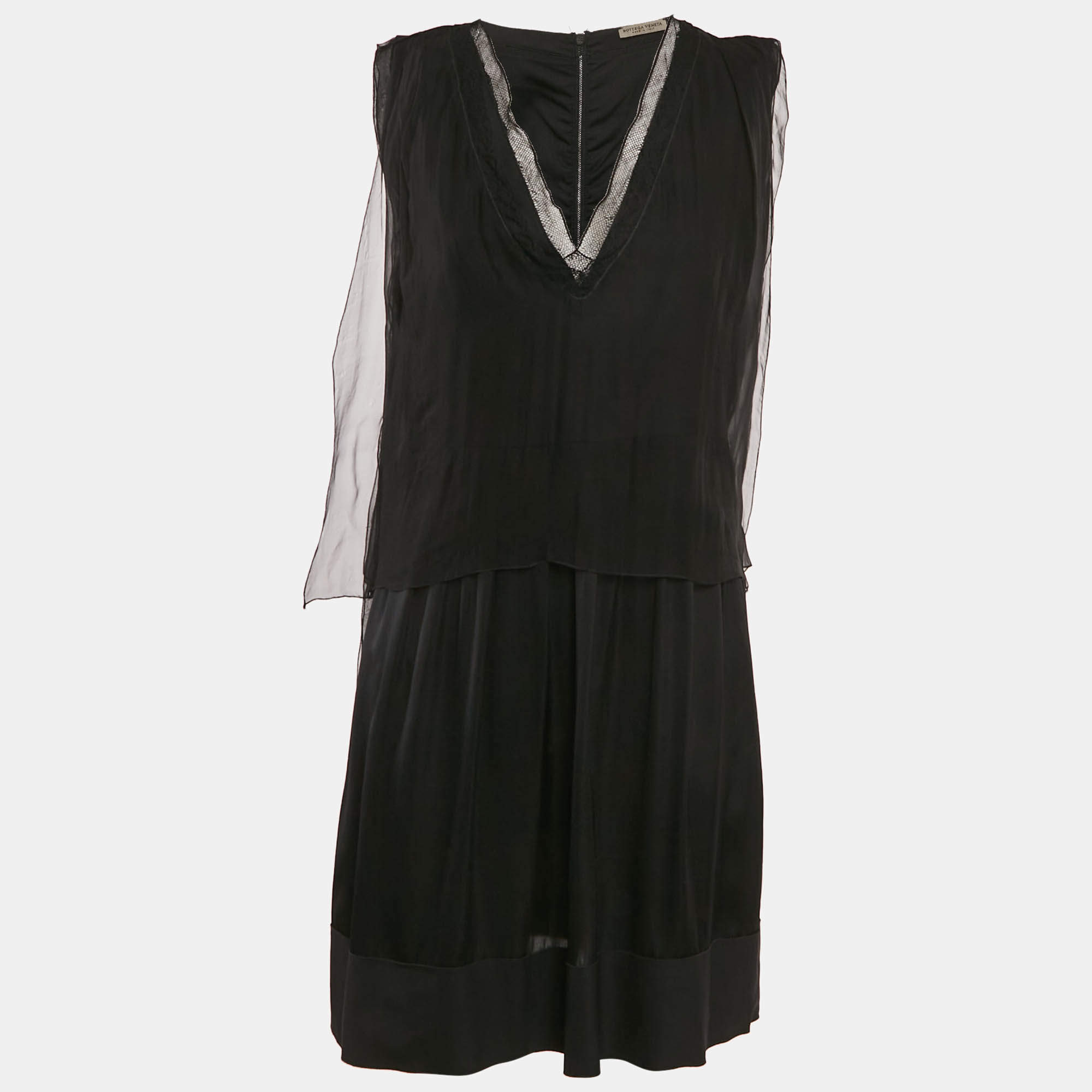 Bottega Veneta Black Silk Blend V-Neck Short Dress S