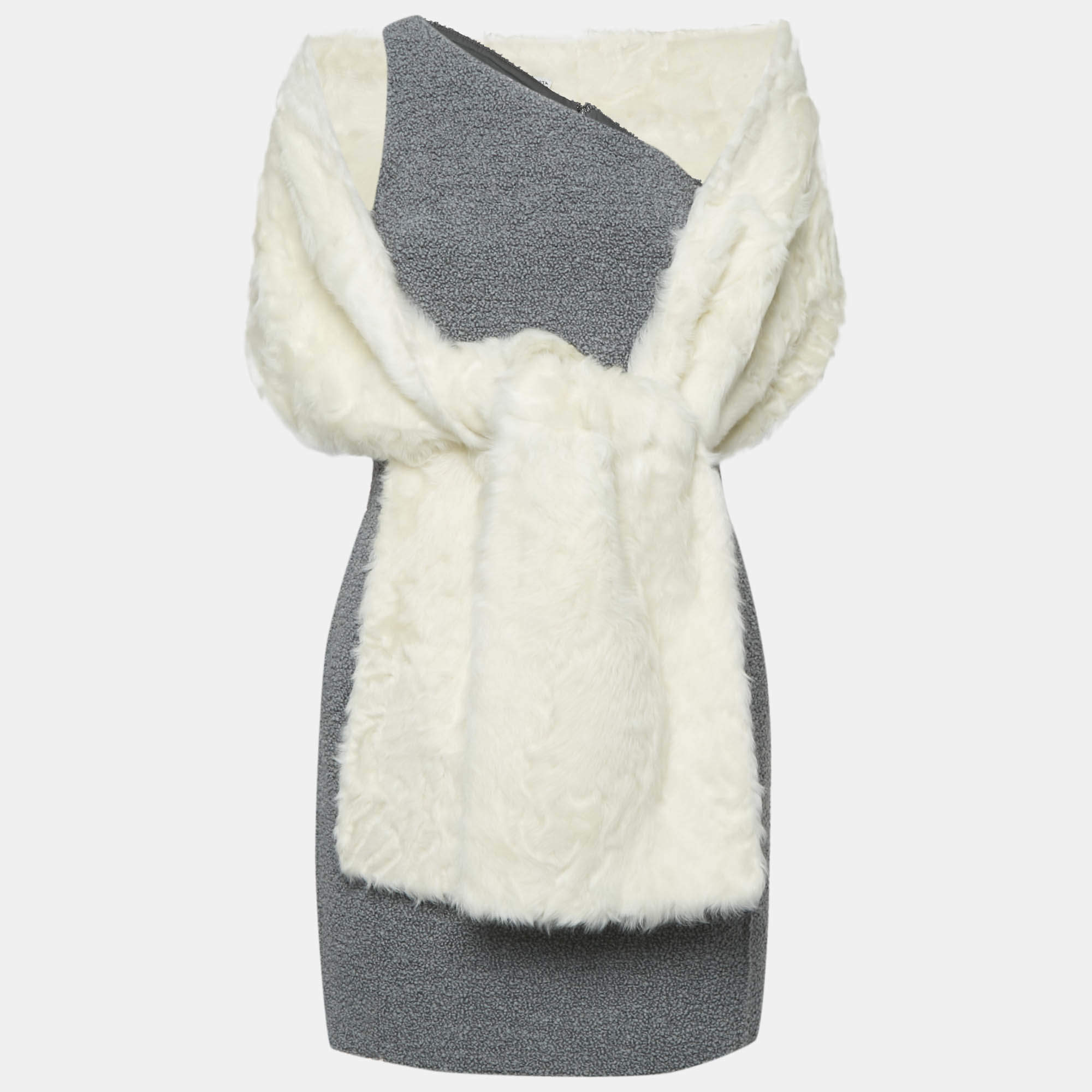 Bottega Veneta Grey Shearling One Shoulder Mini Dress S With Wool Fur Scarf
