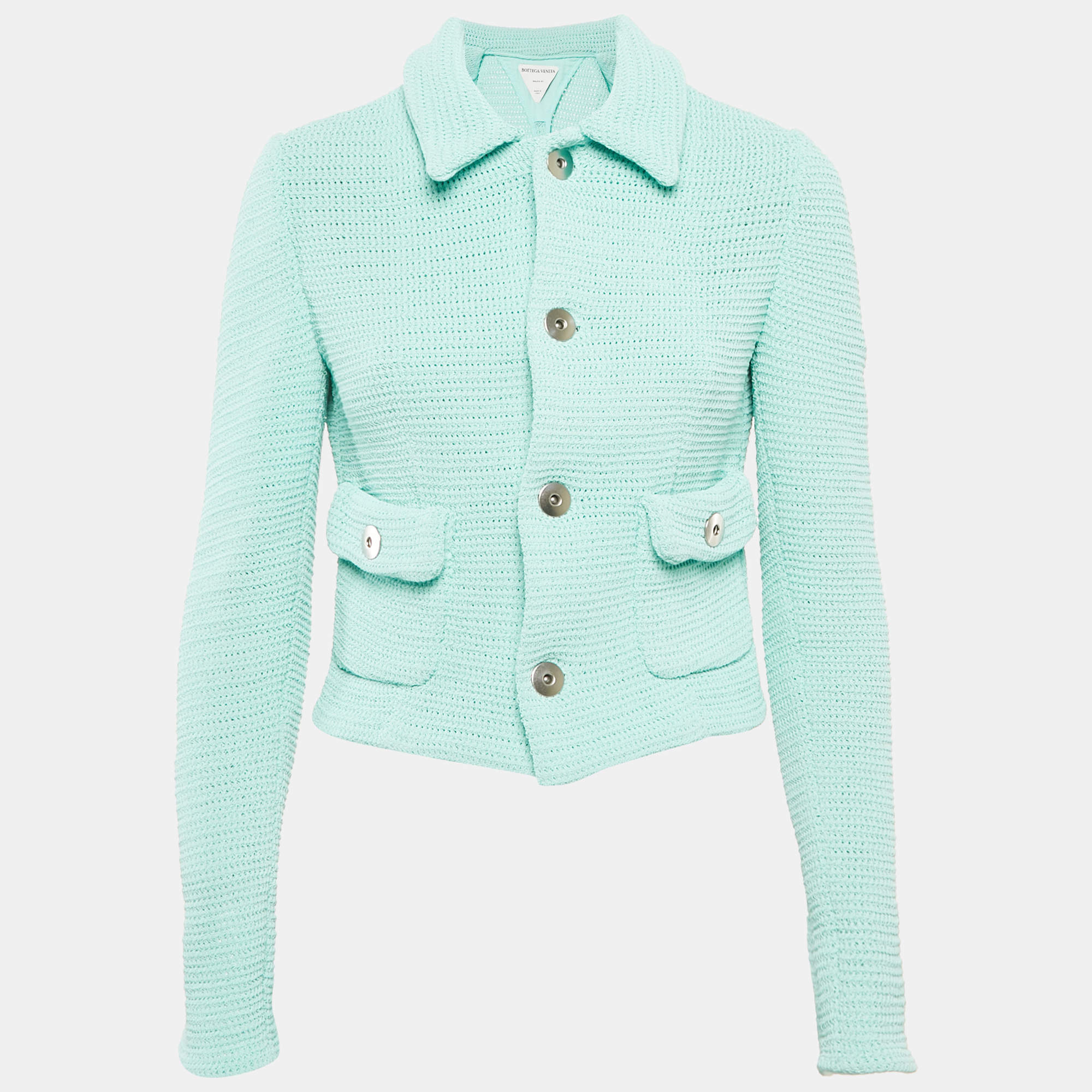 Bottega Veneta Mint Blue Patterned Cotton Blend Button Front Jacket L