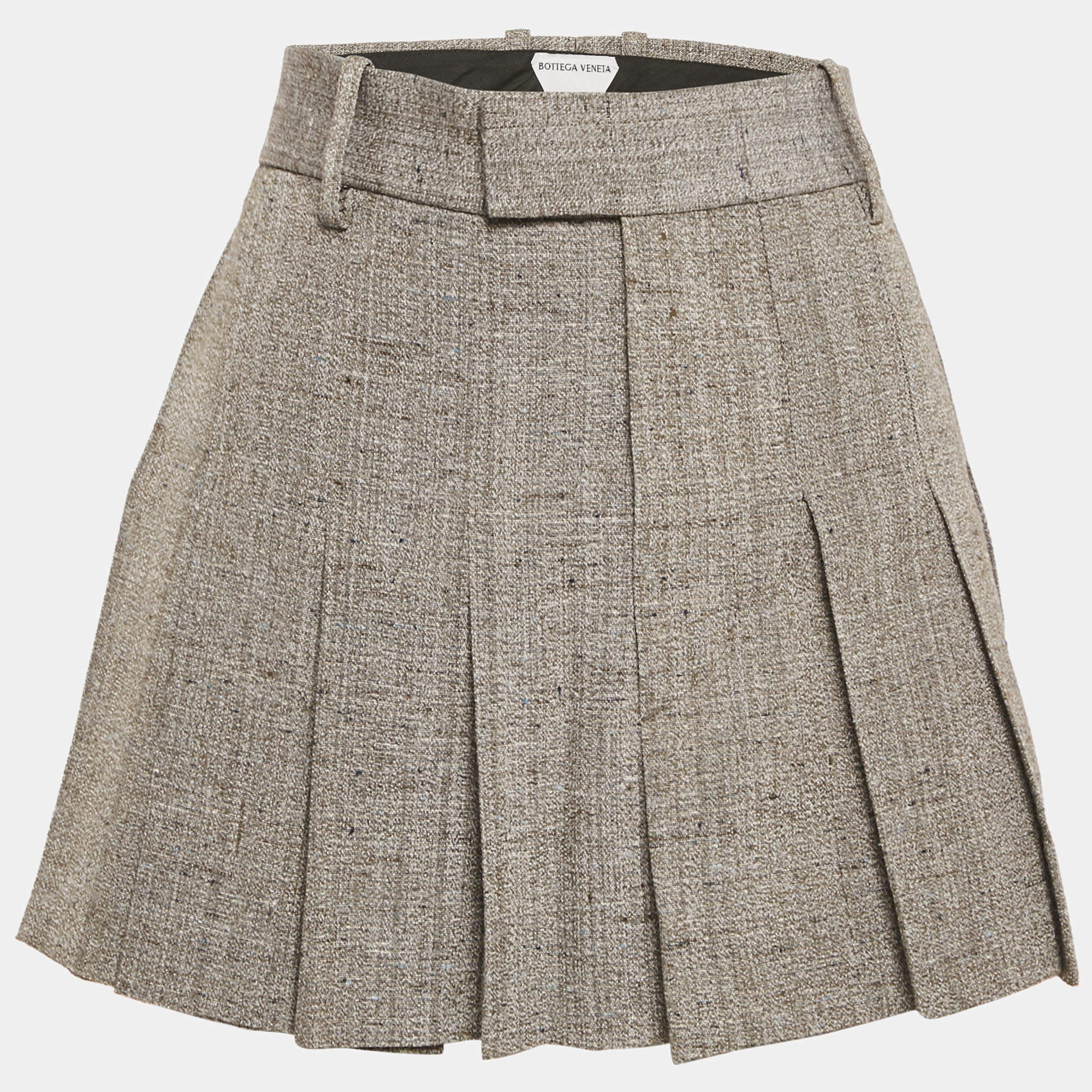 Pre Owned Bottega Veneta Grey Melage Silk Blend Pleated Mini Skirt