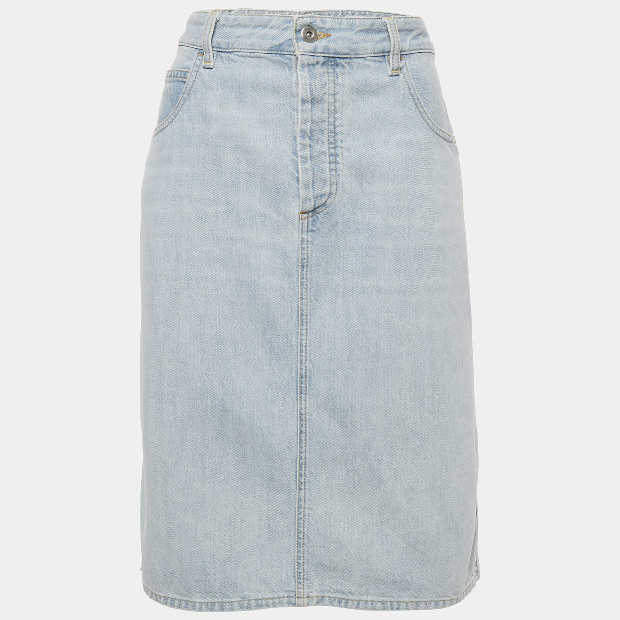Pre Owned Bottega Veneta Blue Denim Pencil Skirt L Waist 33"