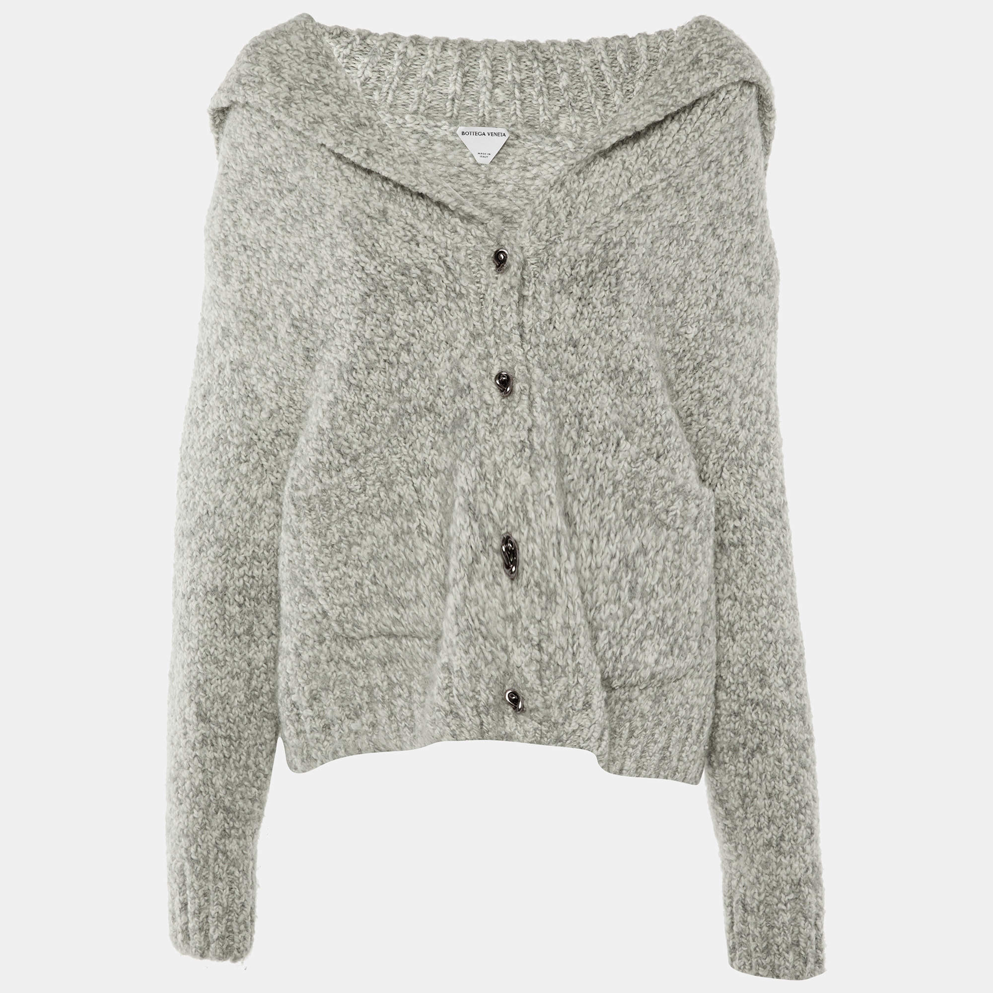 Pre Owned Bottega Veneta Grey Melange Alpaca Wool Knit Button Front Cardigan M