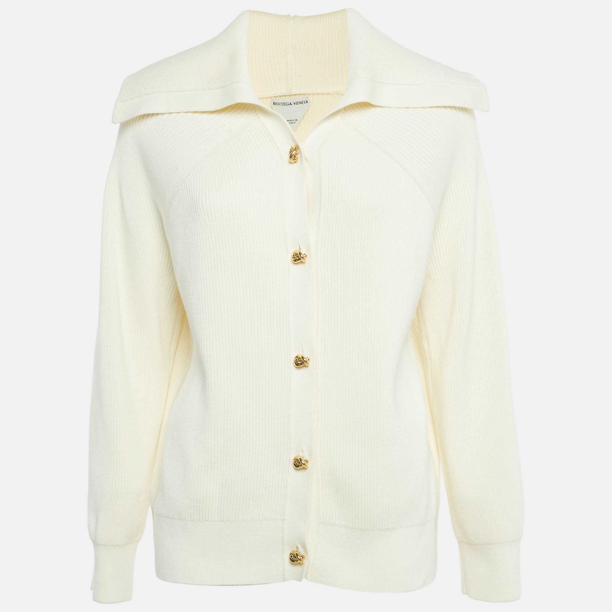 Pre Owned Bottega Veneta Cream Rib Knit Metal Knot Hardware Cardigan M