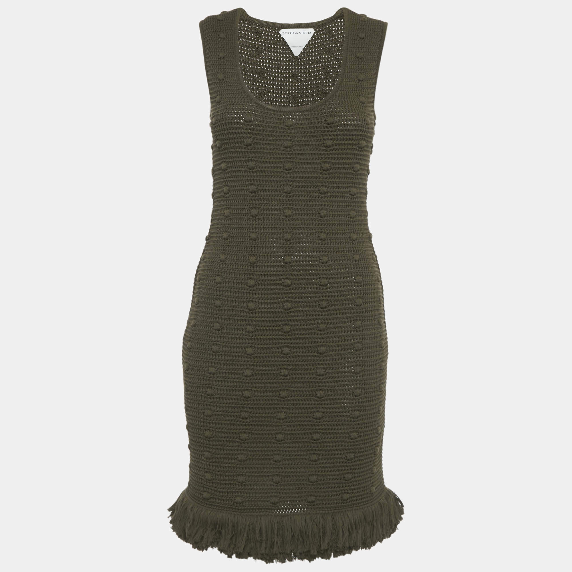 Pre Owned Bottega Veneta Olive Green Crochet Fringe Detail Mini Dress XS