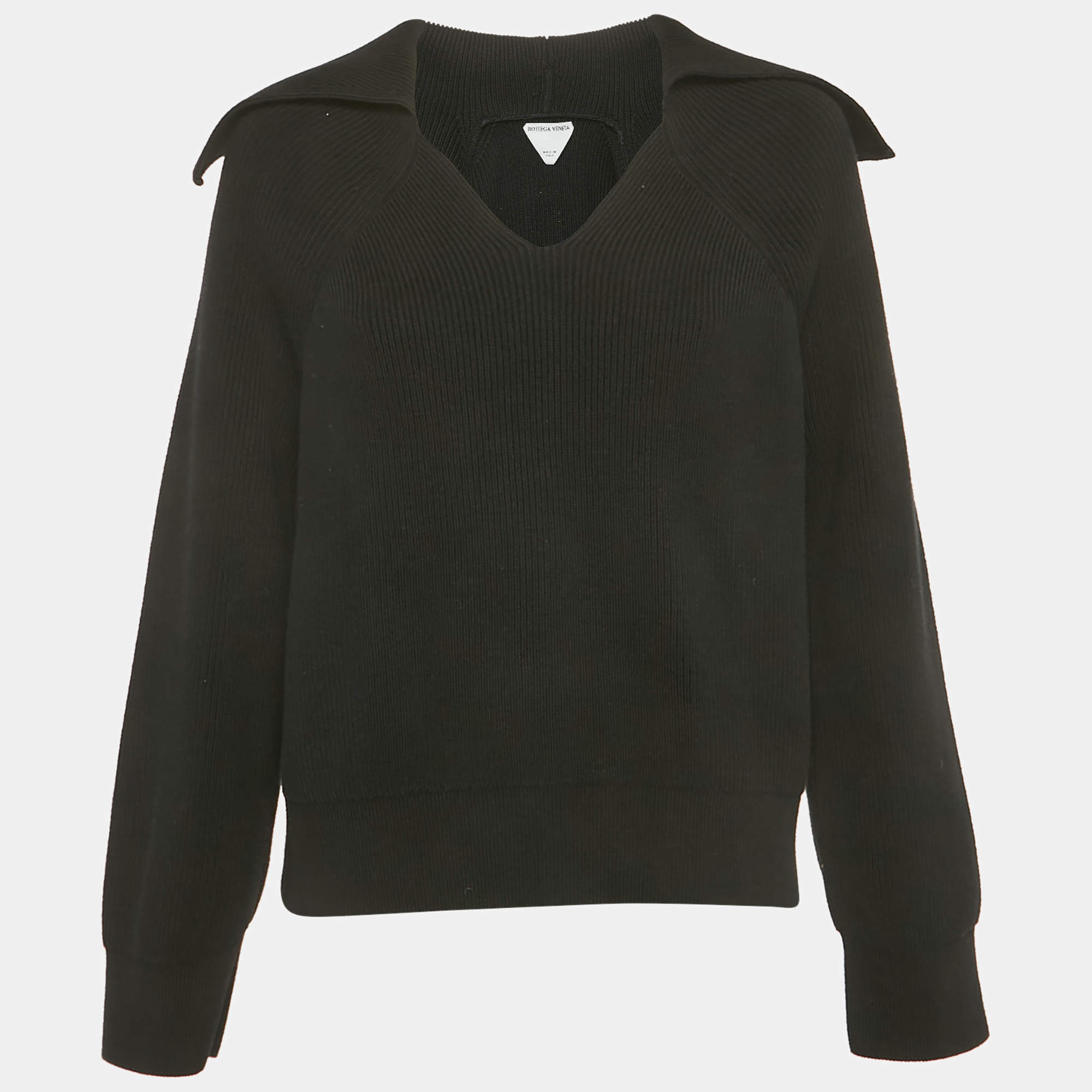 مملوكة مسبقًا Bottega Veneta Black Rib Knit Collared Jumper M