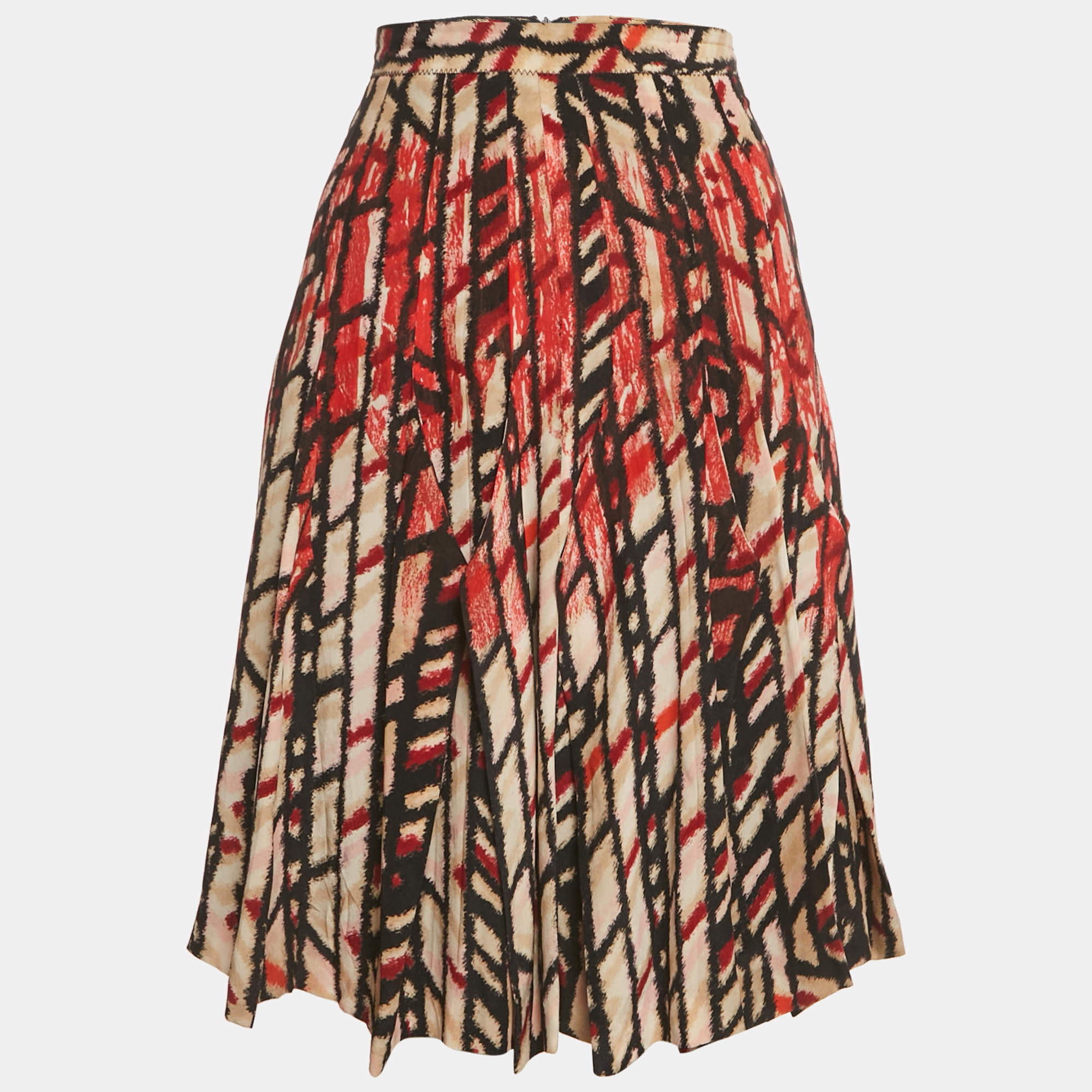Pre Owned Bottega Veneta Cream/Red Printed Silk Knee-Length Skirt S