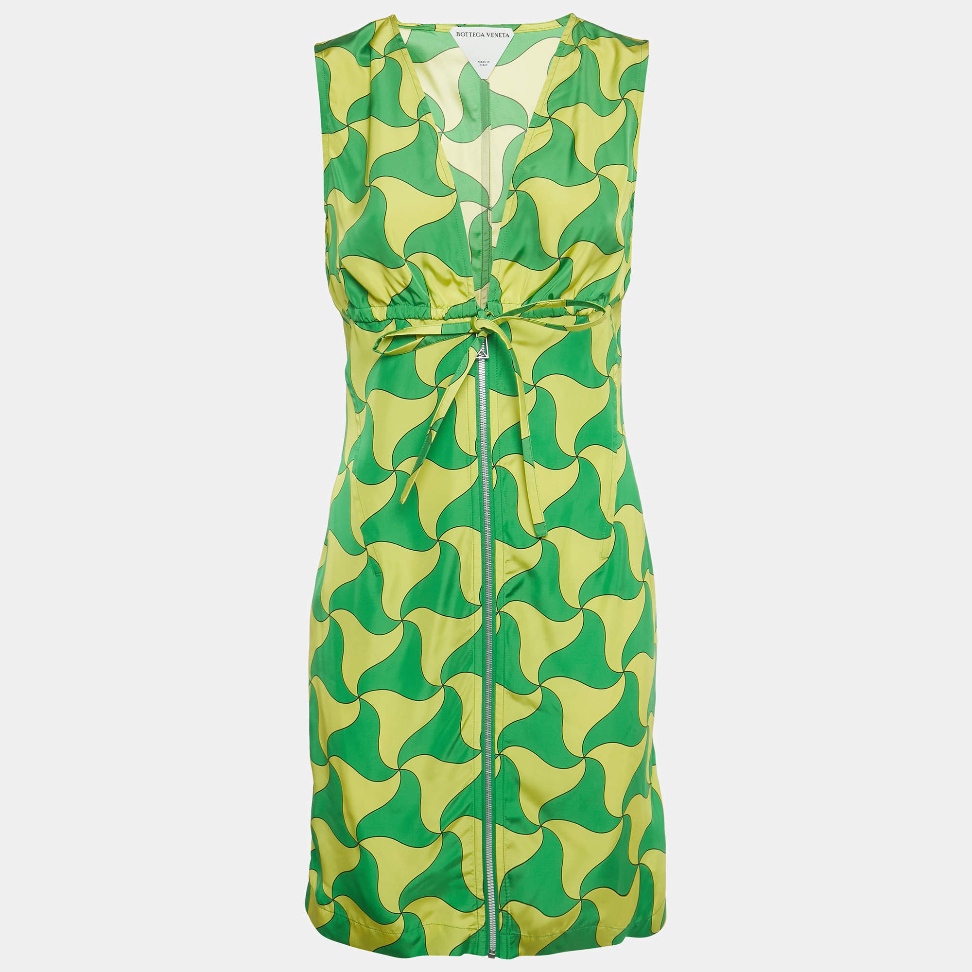 Pre Owned Bottega Veneta Green/Yellow Wavy Triangle Print Parachute Silk Mini Dress S